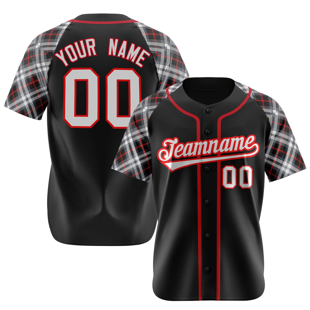 Custom Black Red-White Authentic Plaid sleeve Baseball Jersey