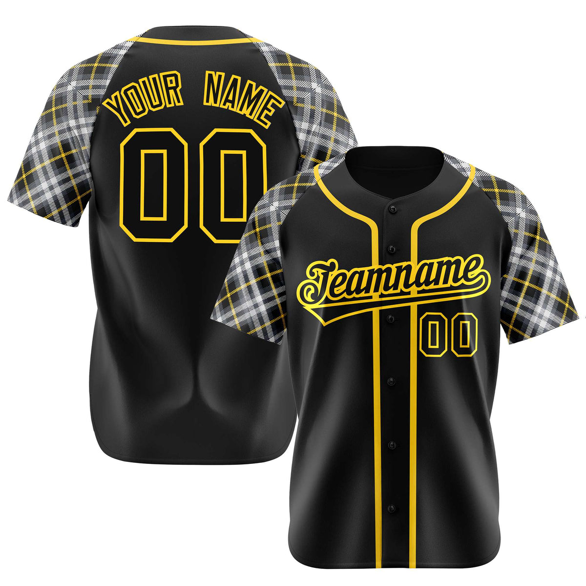 Custom Black Yellow-White Authentic Plaid sleeve Baseball Jersey