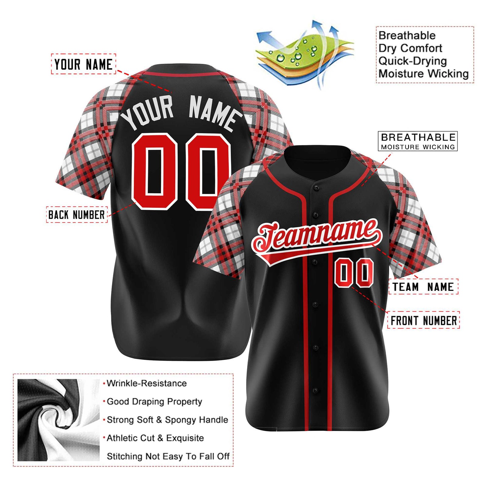 Custom Black Fire-Red White Authentic Plaid sleeve Baseball Jersey