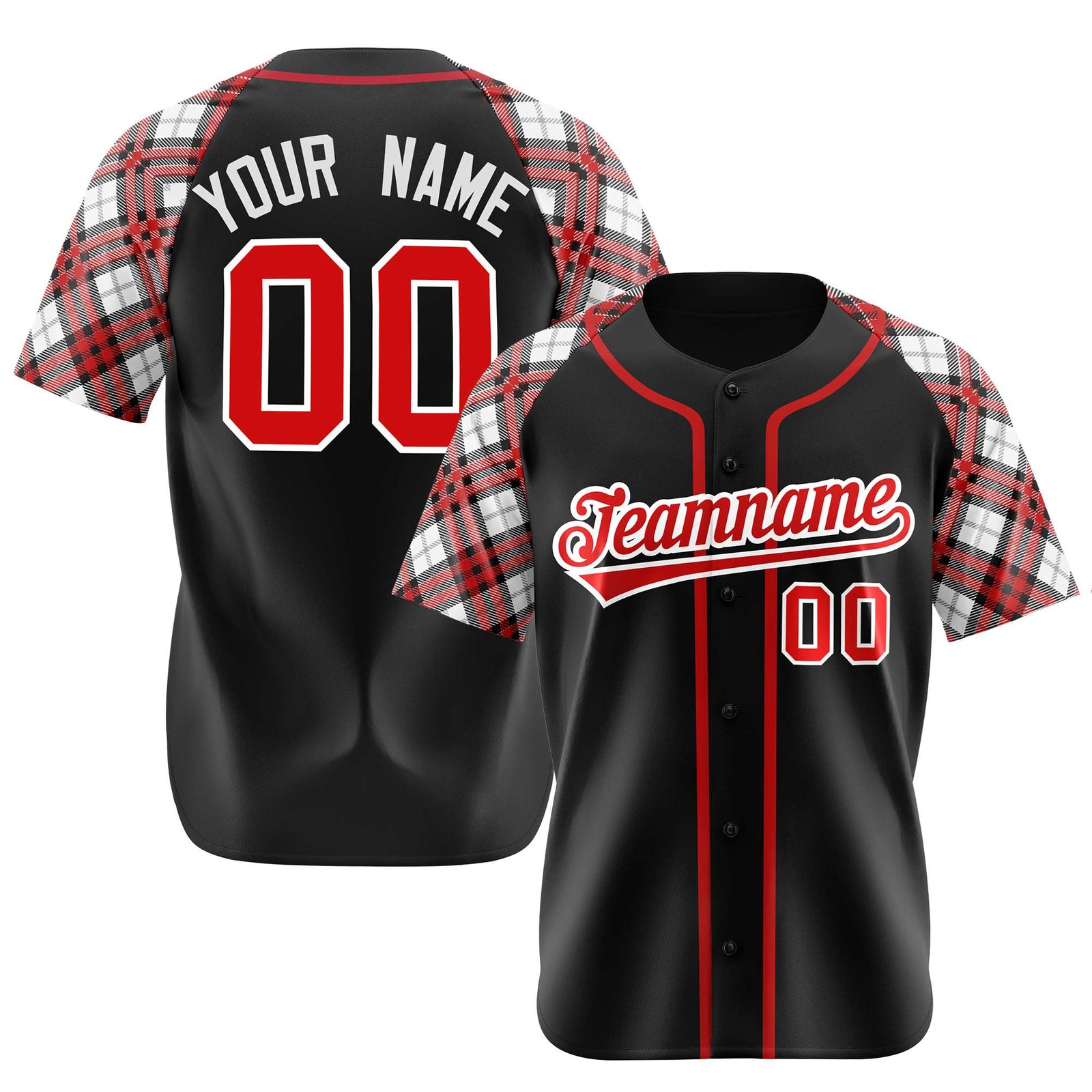 Custom Black Fire-Red White Authentic Plaid sleeve Baseball Jersey
