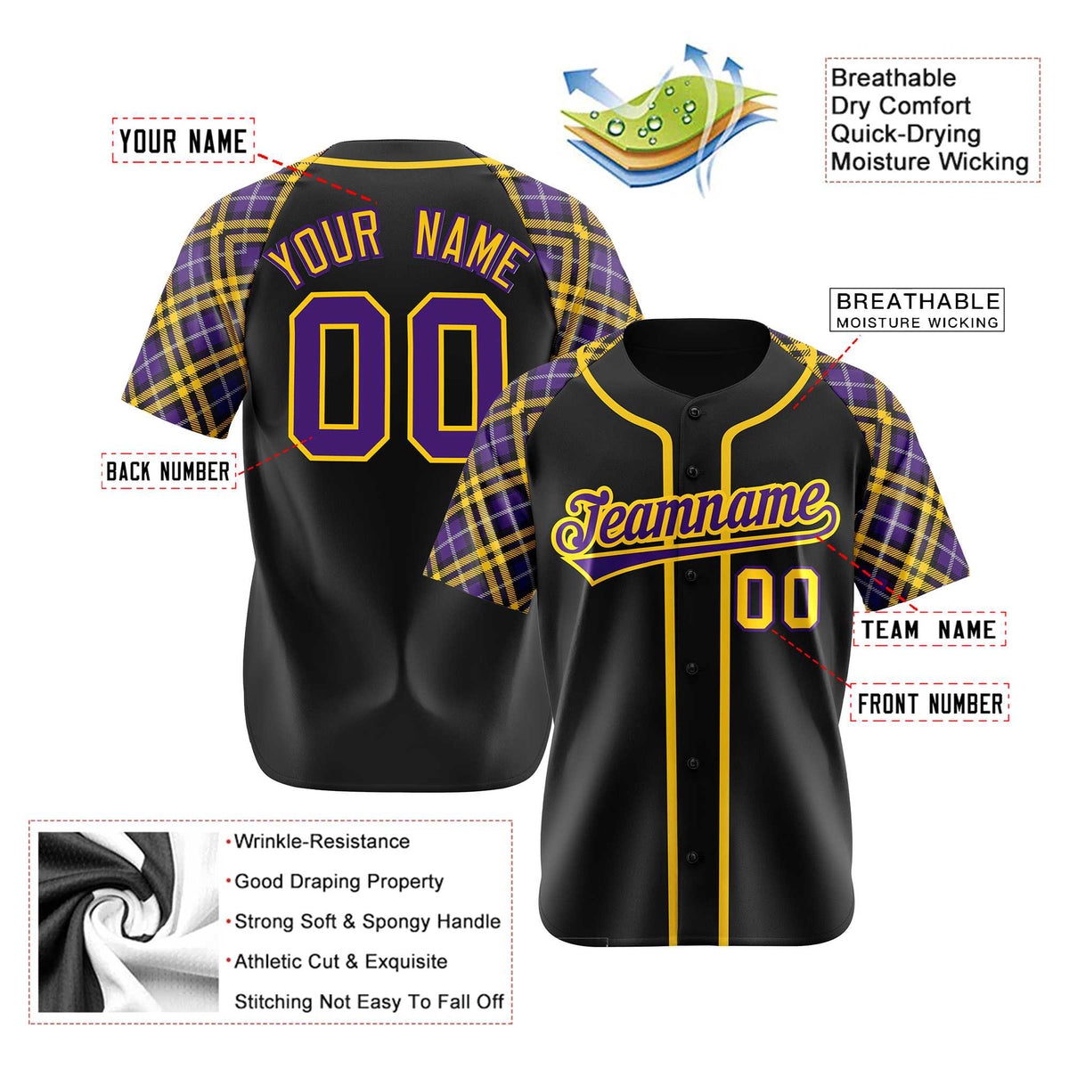 Custom Black Purple-Yellow Authentic Plaid sleeve Baseball Jersey
