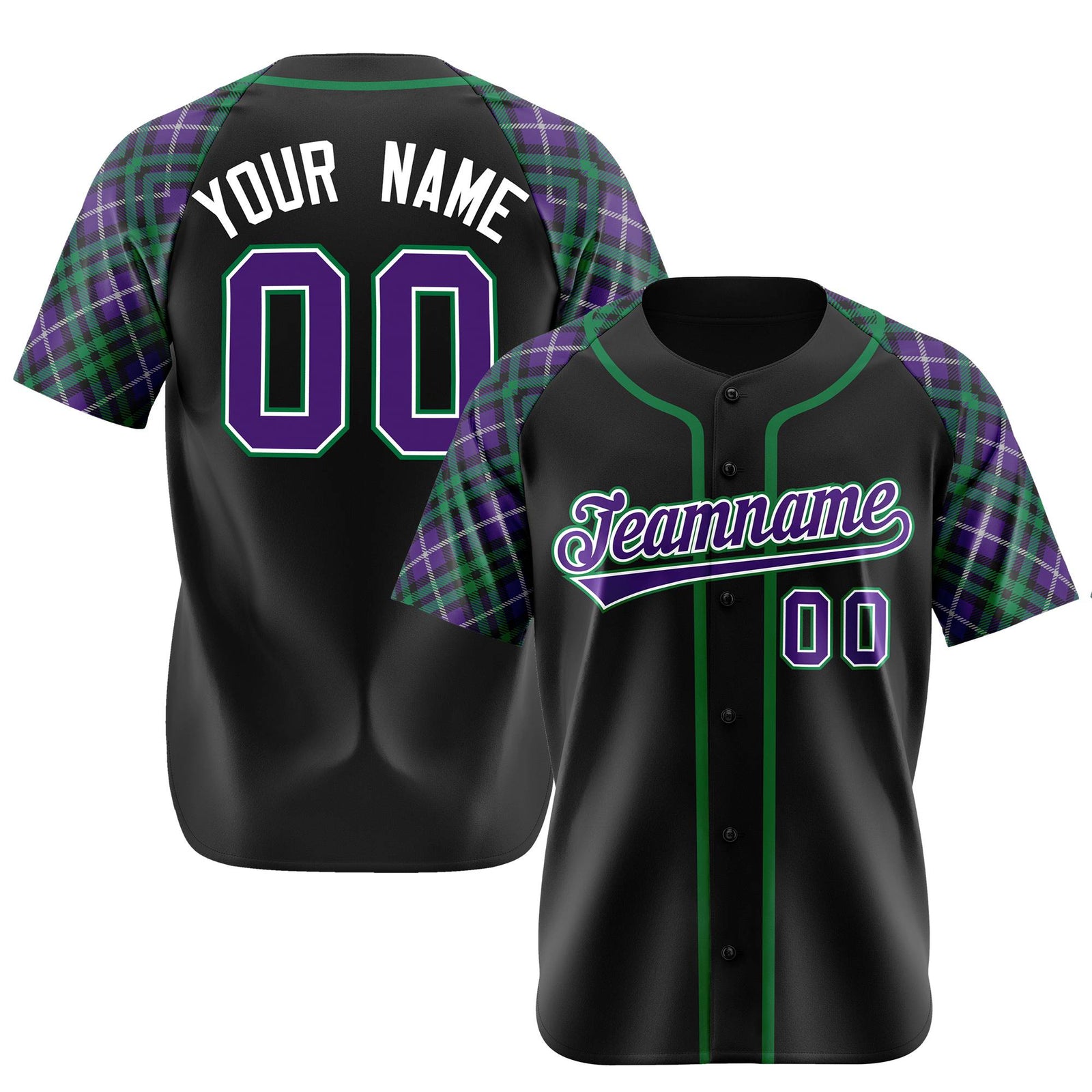 Custom Black Purple-Green Authentic Plaid sleeve Baseball Jersey