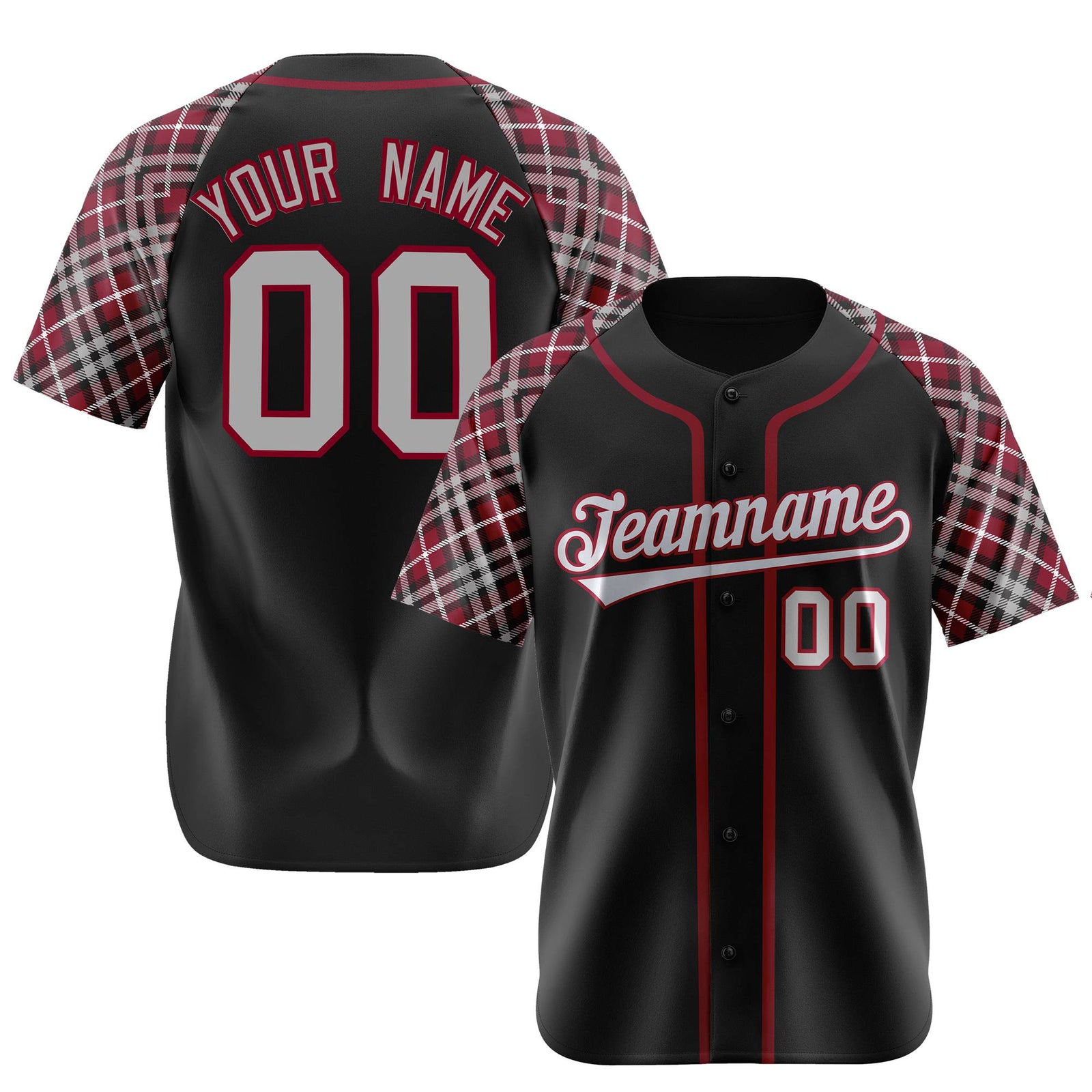 Custom Black Crimson-Gray Authentic Plaid sleeve Baseball Jersey