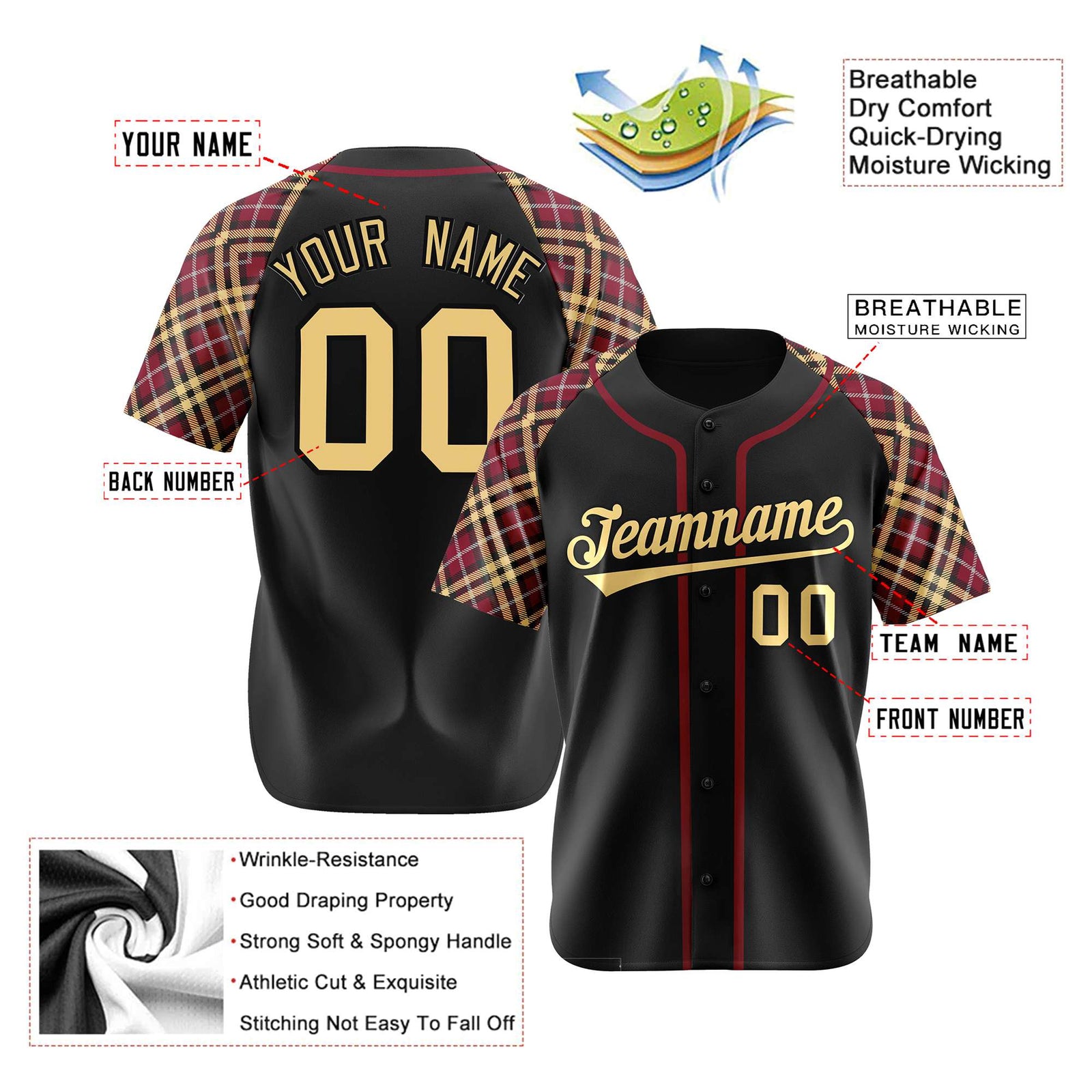 Custom Black Crimson Old-Gold Authentic Plaid sleeve Baseball Jersey