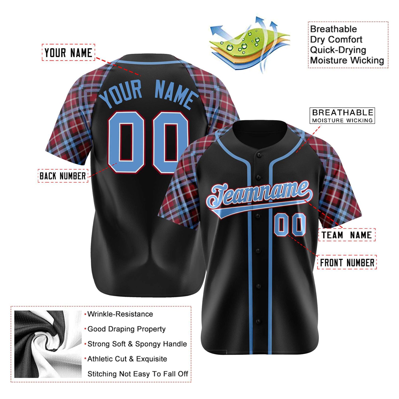 Custom Black Crimson-Blue White Authentic Plaid sleeve Baseball Jersey