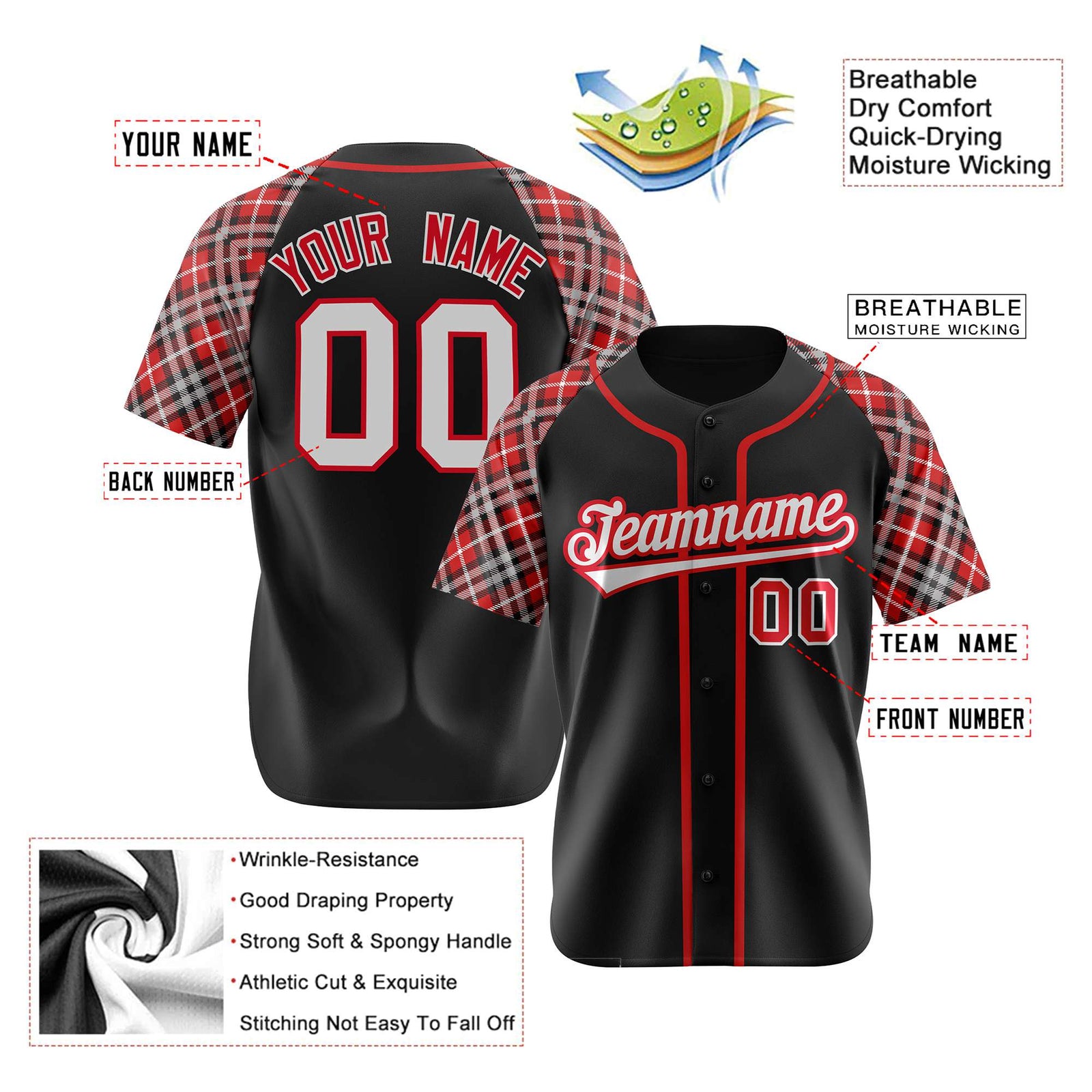 Custom Black Orange-Gray Authentic Plaid sleeve Baseball Jersey