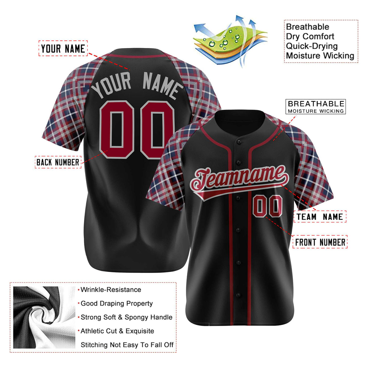 Custom Black Crimson-Gray Navy Authentic Plaid sleeve Baseball Jersey