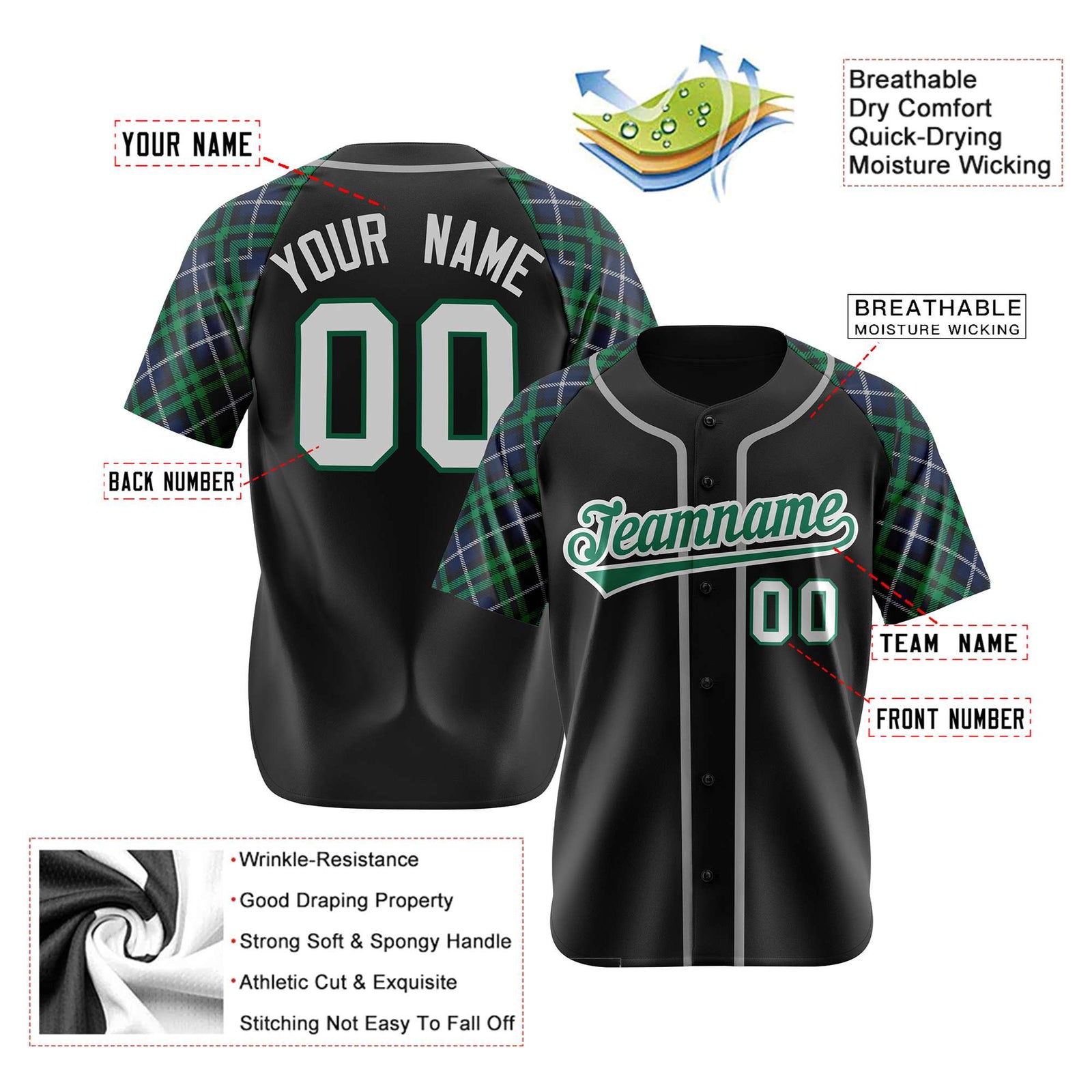 Custom Black Green-Gray Navy Authentic Plaid sleeve Baseball Jersey