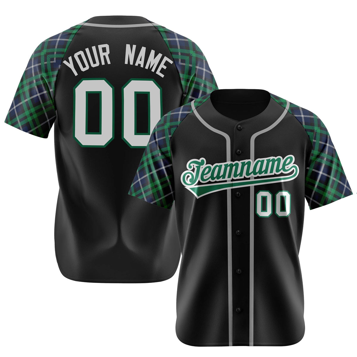 Custom Black Green-Gray Navy Authentic Plaid sleeve Baseball Jersey