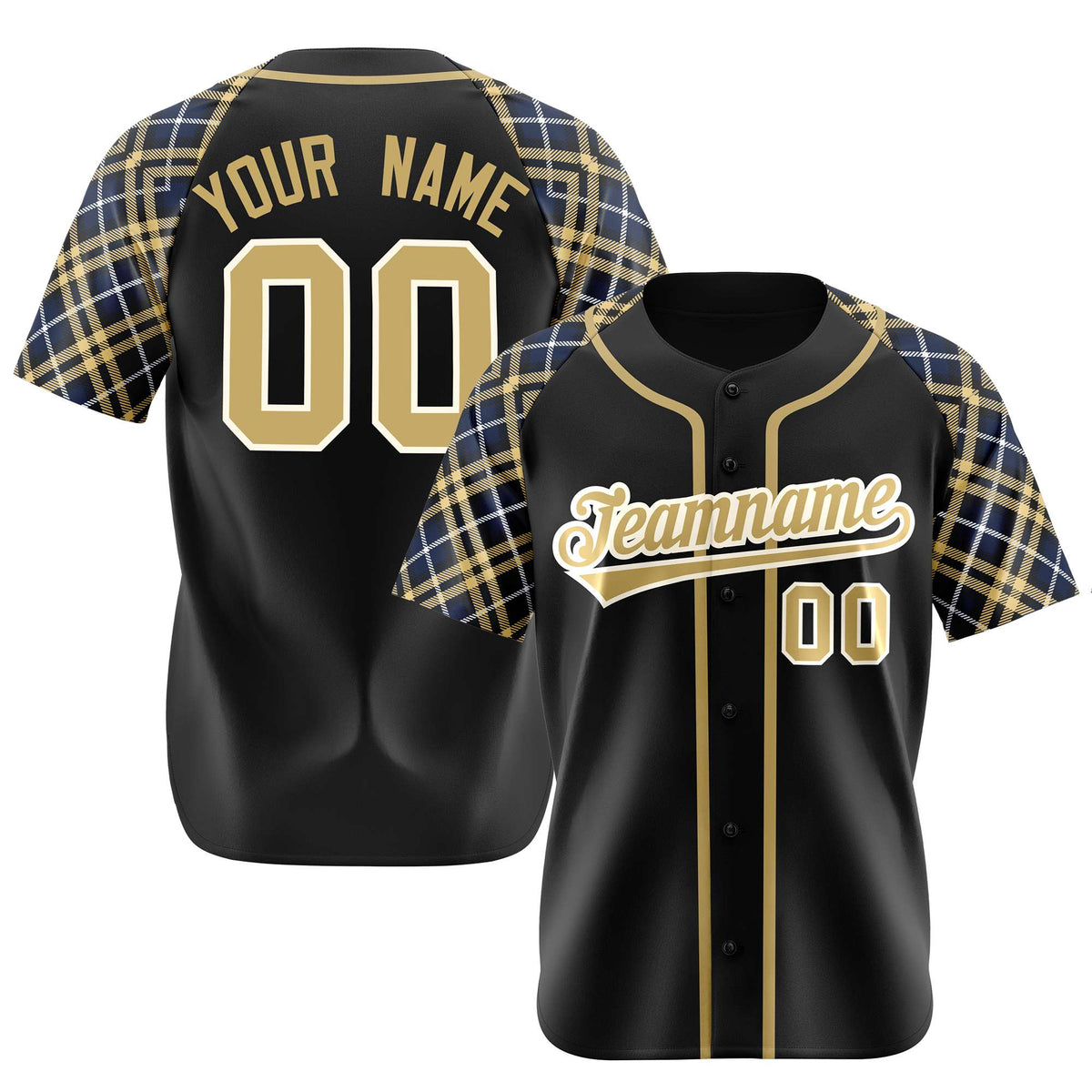 Custom Black Old-Gold White Navy Authentic Plaid sleeve Baseball Jersey