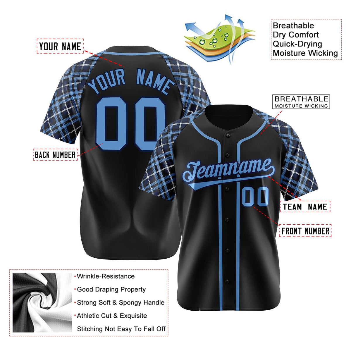 Custom Black Blue Authentic Plaid sleeve Baseball Jersey