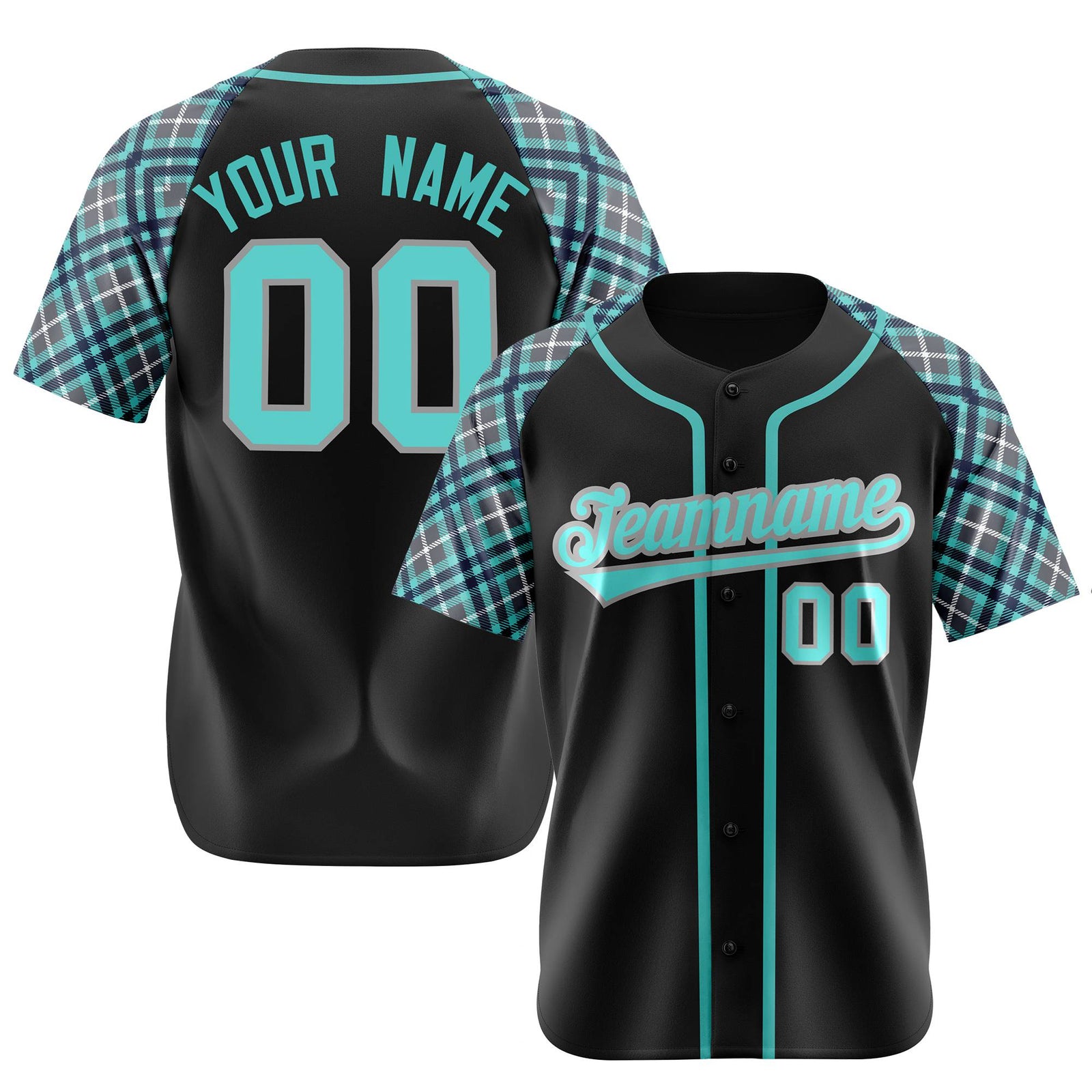 Custom Black Light-Bule Navy Authentic Plaid sleeve Baseball Jersey