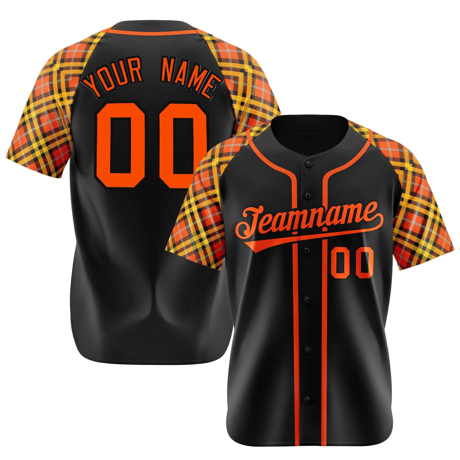 Custom Black Bay-Orange Yellow Authentic Plaid sleeve Baseball Jersey