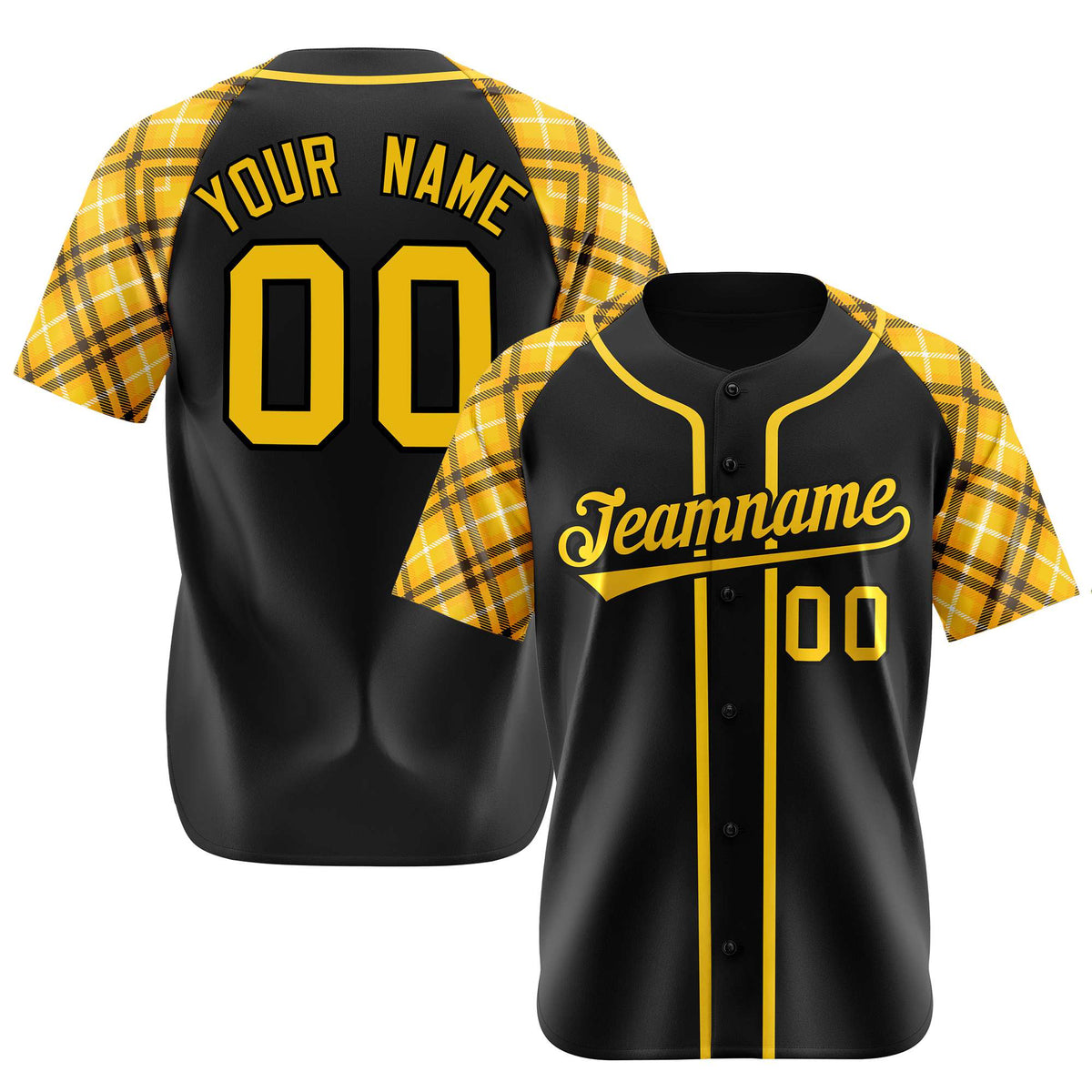 Custom Black Yellow-White Authentic Plaid sleeve Baseball Jersey
