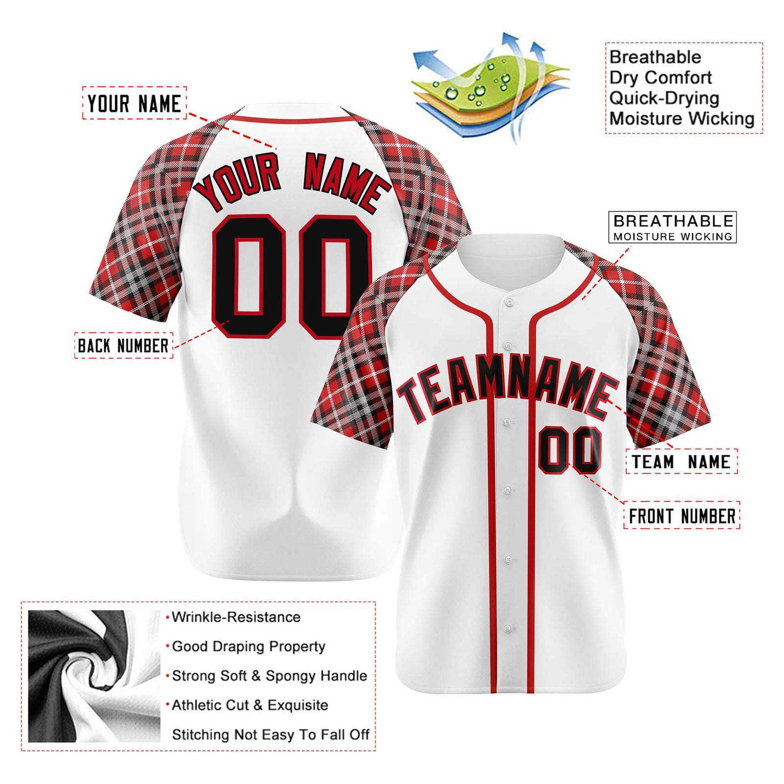 Custom White Crimson-Black Authentic Plaid sleeve Baseball Jersey