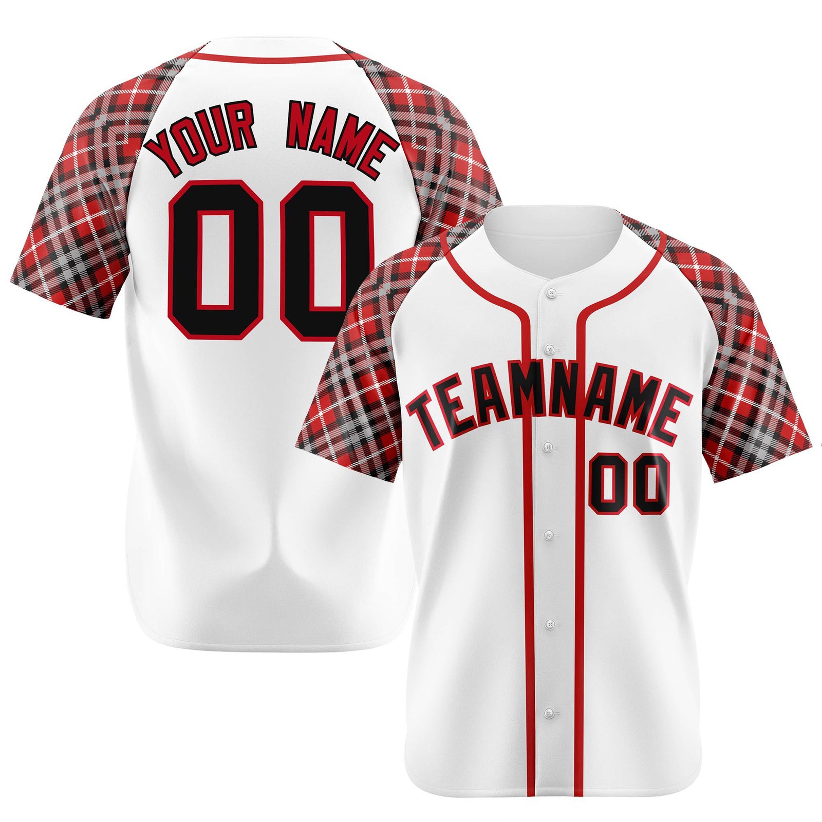 Custom White Crimson-Black Authentic Plaid sleeve Baseball Jersey