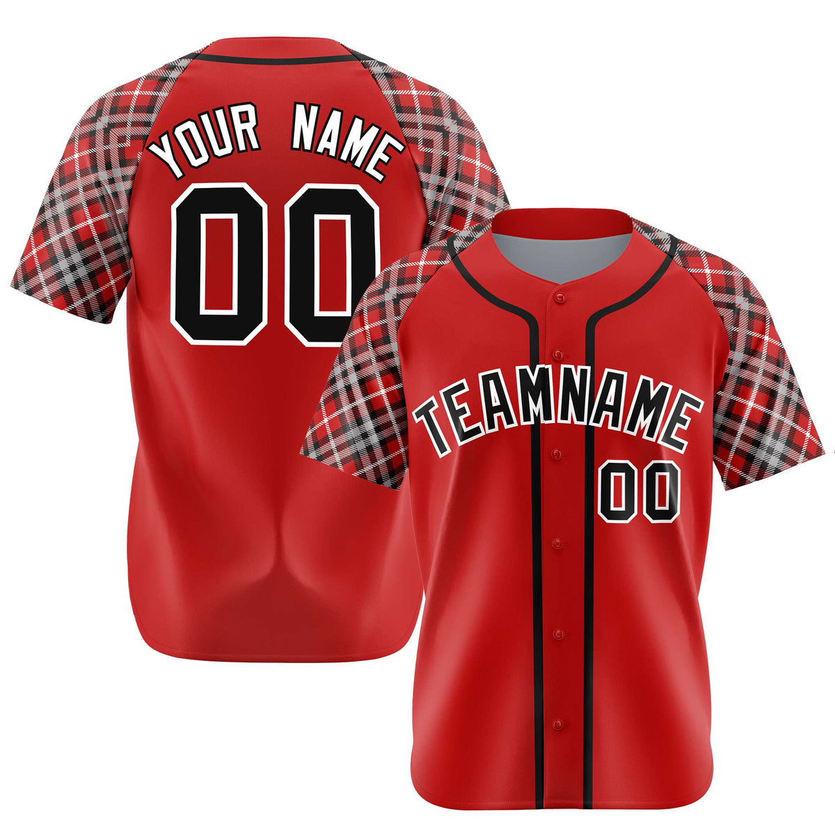 Custom Red Brown-Black White Authentic Plaid sleeve Baseball Jersey