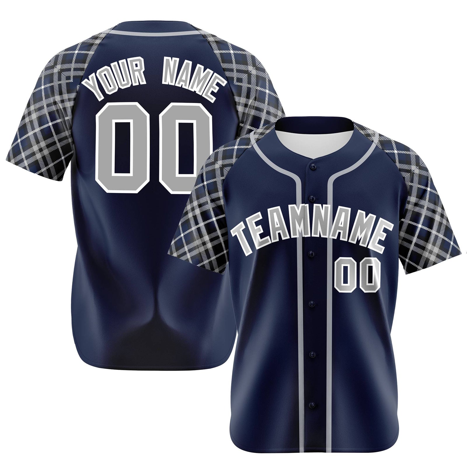 Custom Navy Gray-White Authentic Plaid sleeve Baseball Jersey