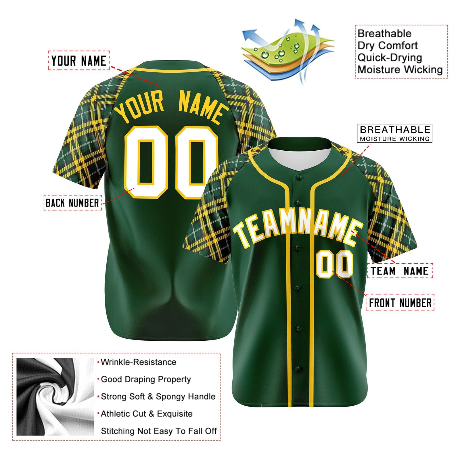 Custom Kelly Green Gold-White Authentic Plaid sleeve Baseball Jersey
