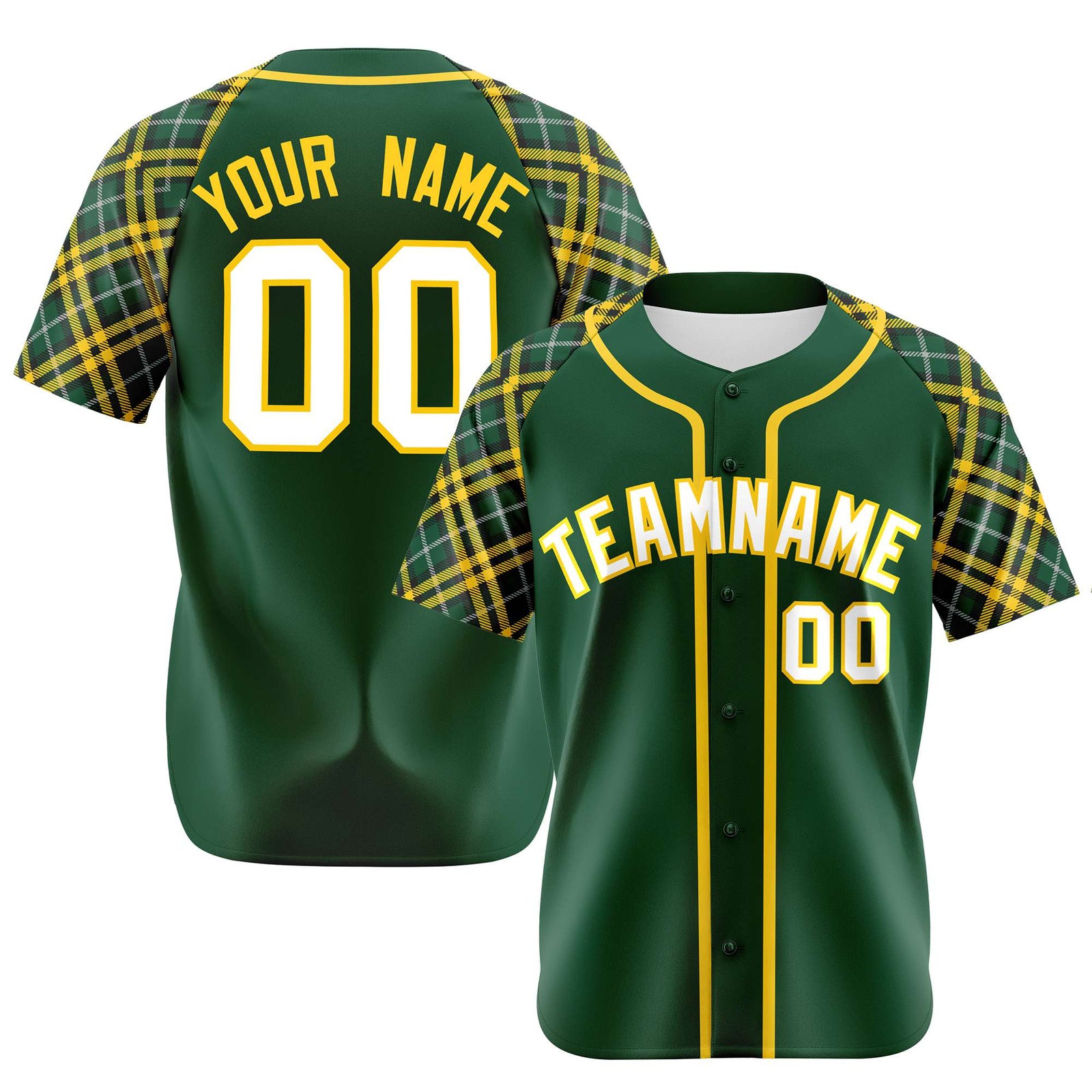 Custom Kelly Green Gold-White Authentic Plaid sleeve Baseball Jersey
