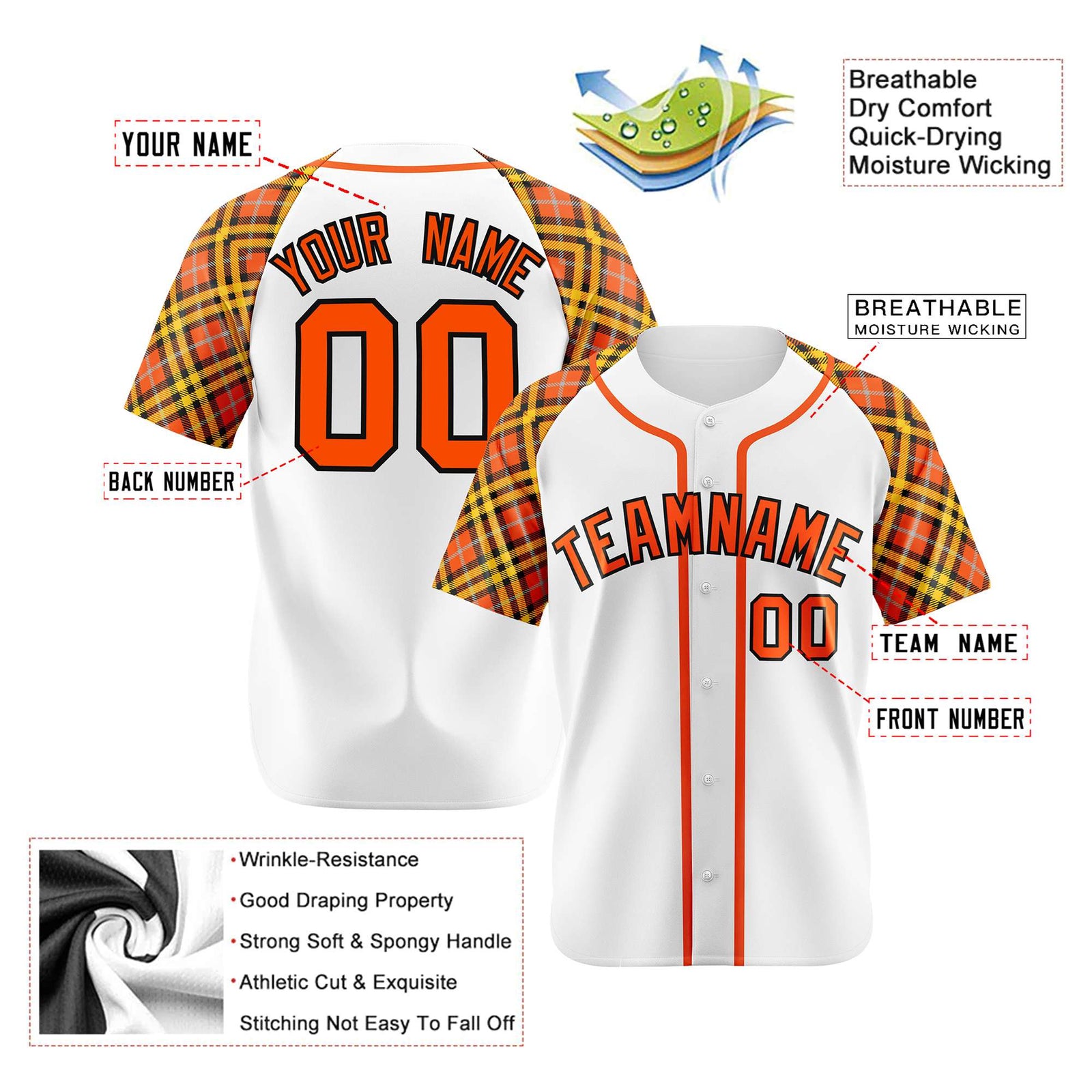 Custom White Orange-Yellow Authentic Plaid sleeve Baseball Jersey