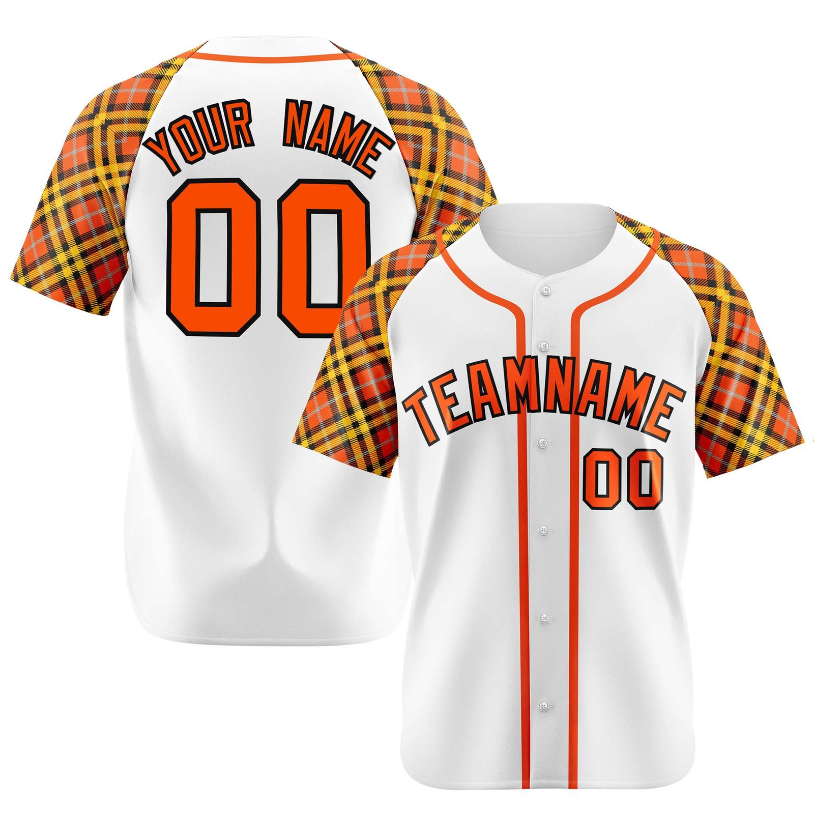 Custom White Orange-Yellow Authentic Plaid sleeve Baseball Jersey