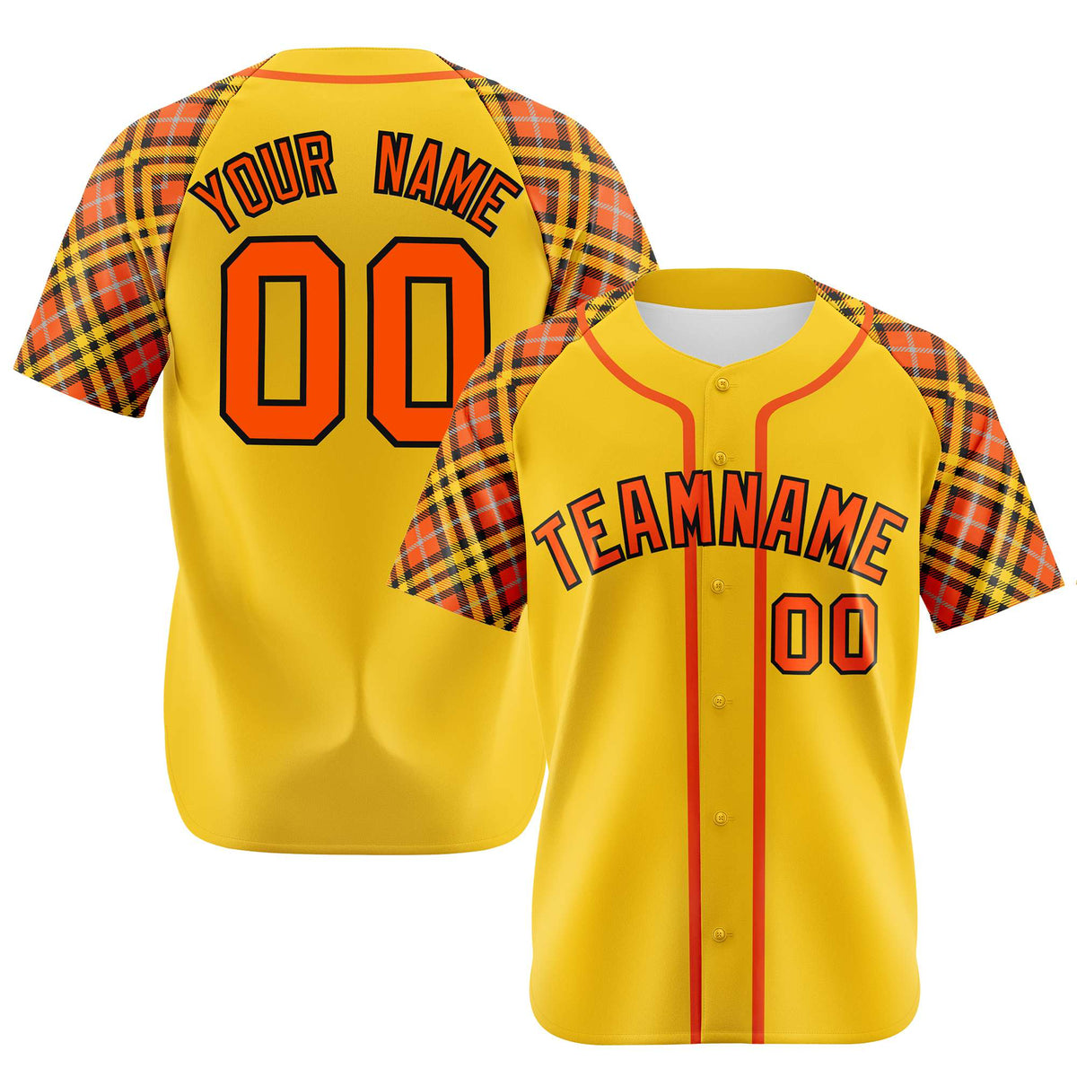 Custom Yellow Orange-Black Authentic Plaid sleeve Baseball Jersey