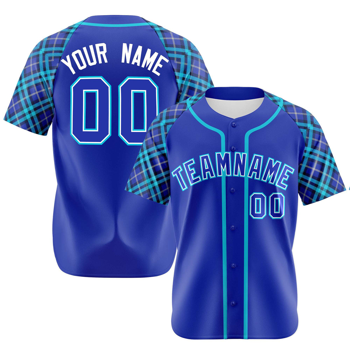 Custom Electric Blue Light Blue White Authentic Plaid sleeve Baseball Jersey