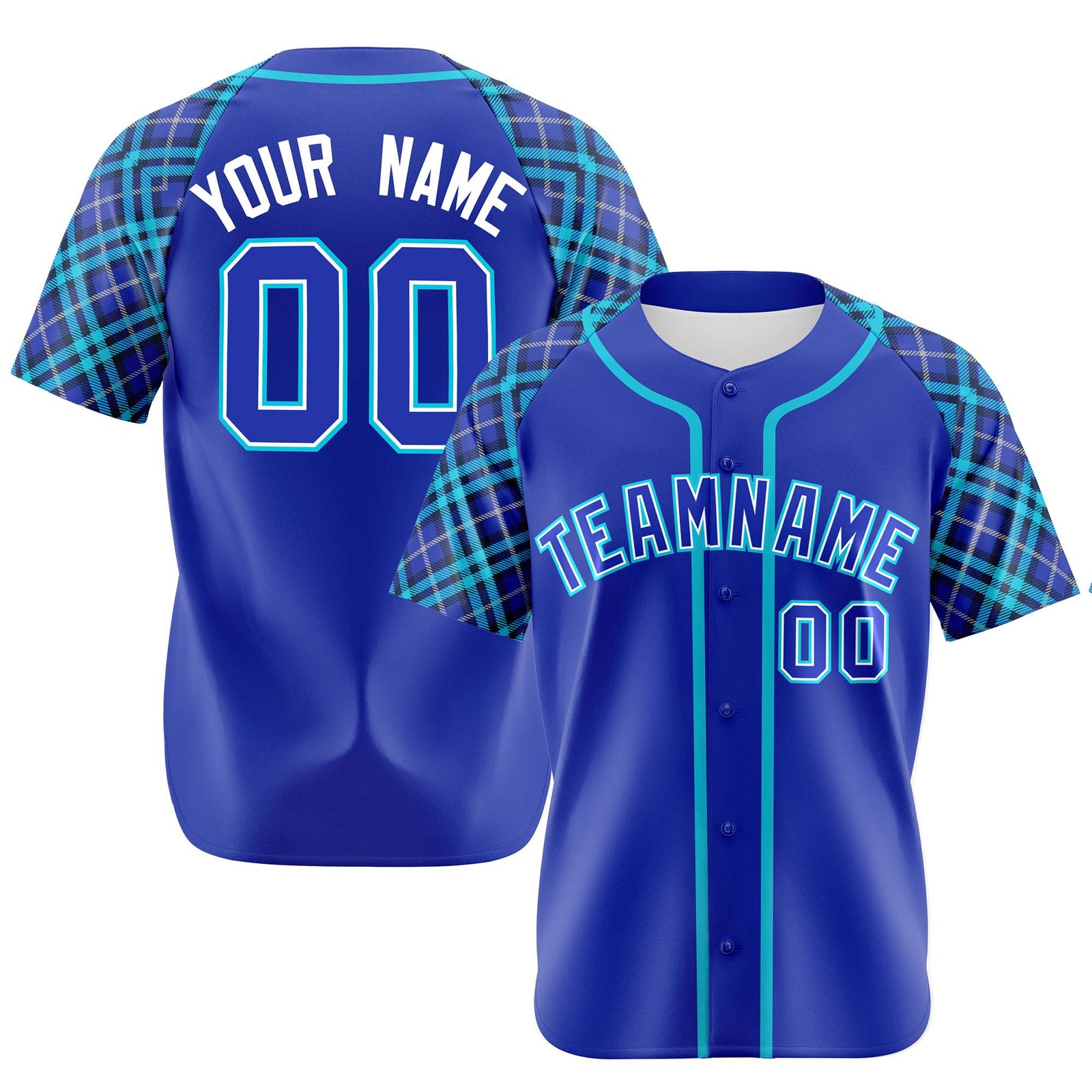 Custom Electric Blue Light Blue White Authentic Plaid sleeve Baseball Jersey