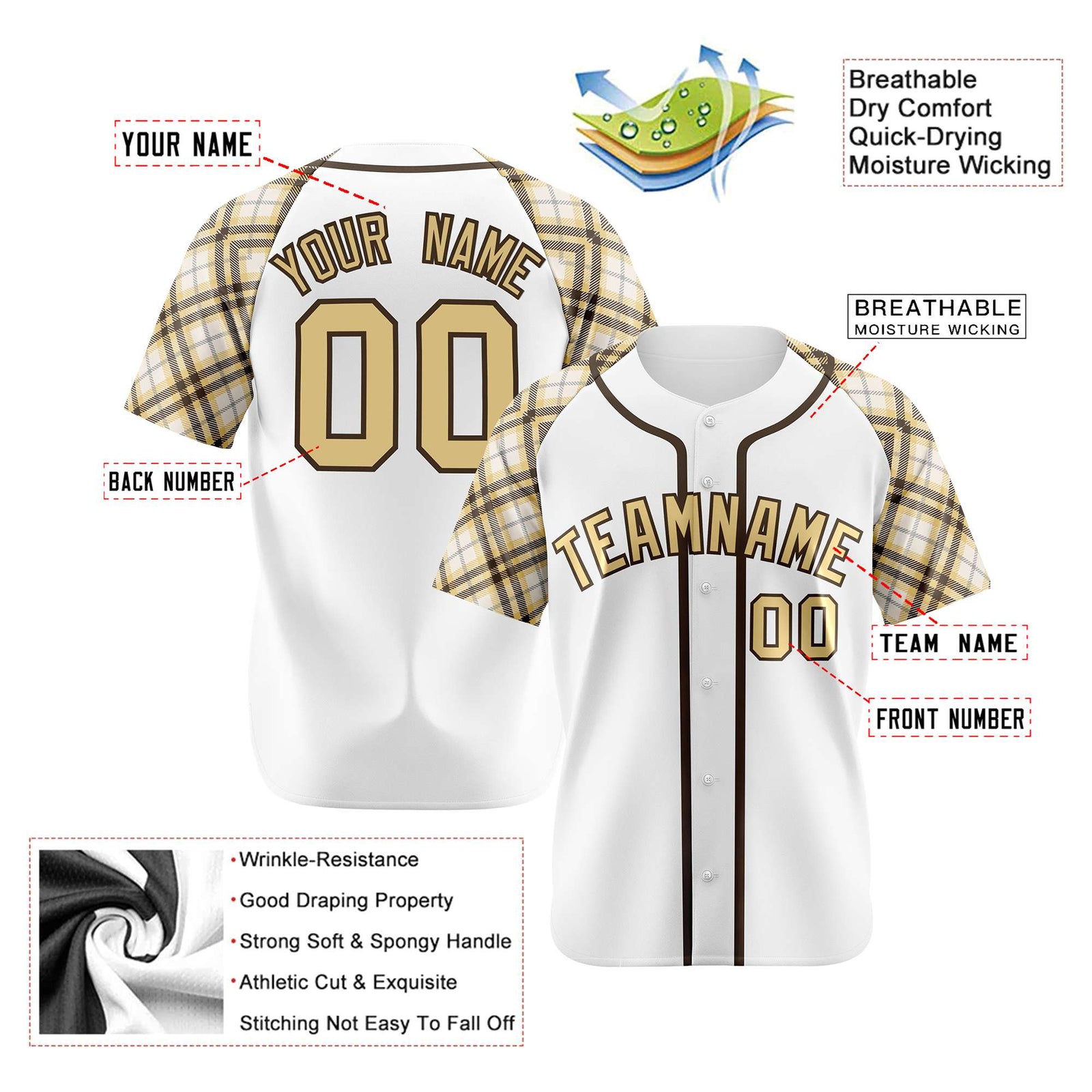 Custom White Old-Gold Black Authentic Plaid sleeve Baseball Jersey