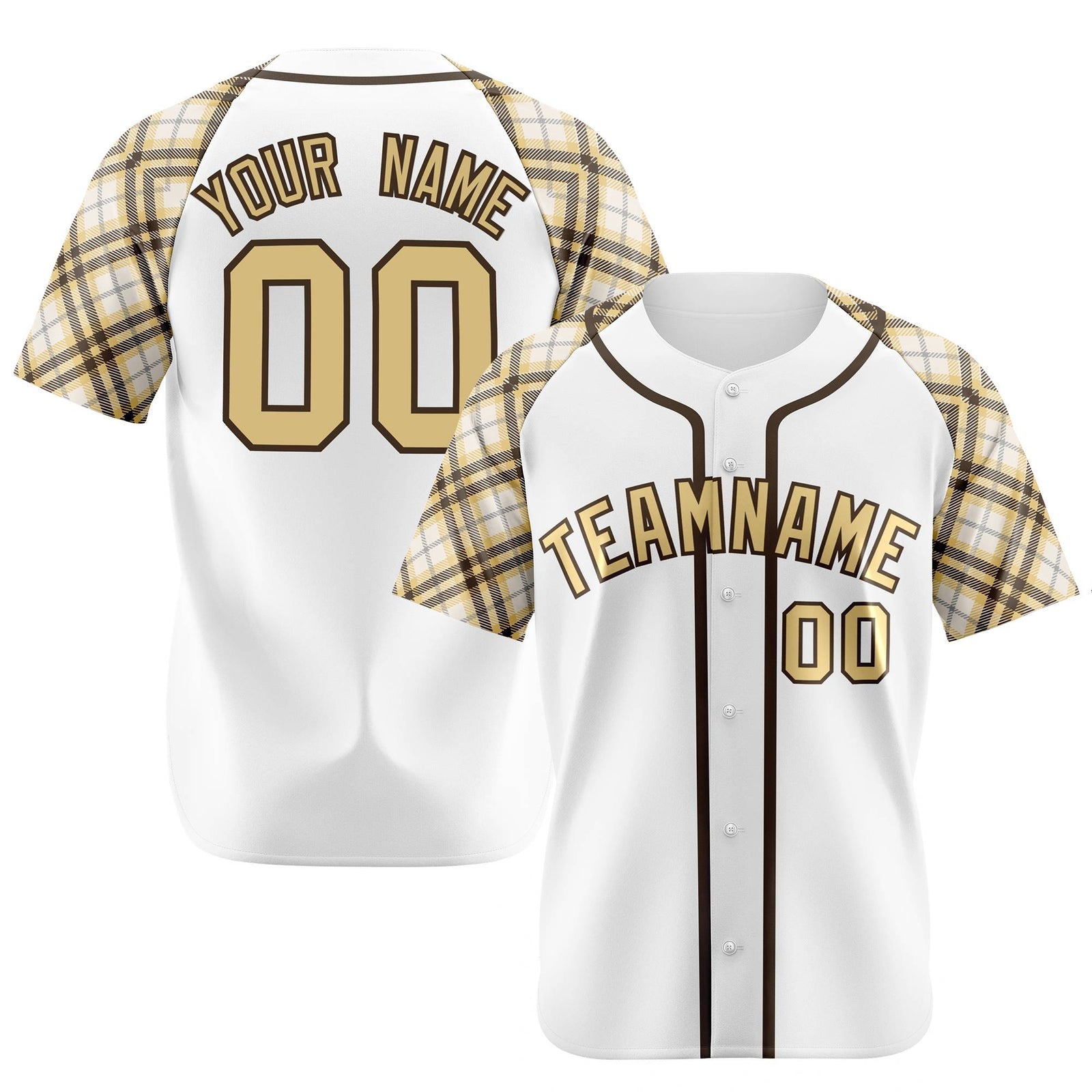 Custom White Old-Gold Black Authentic Plaid sleeve Baseball Jersey