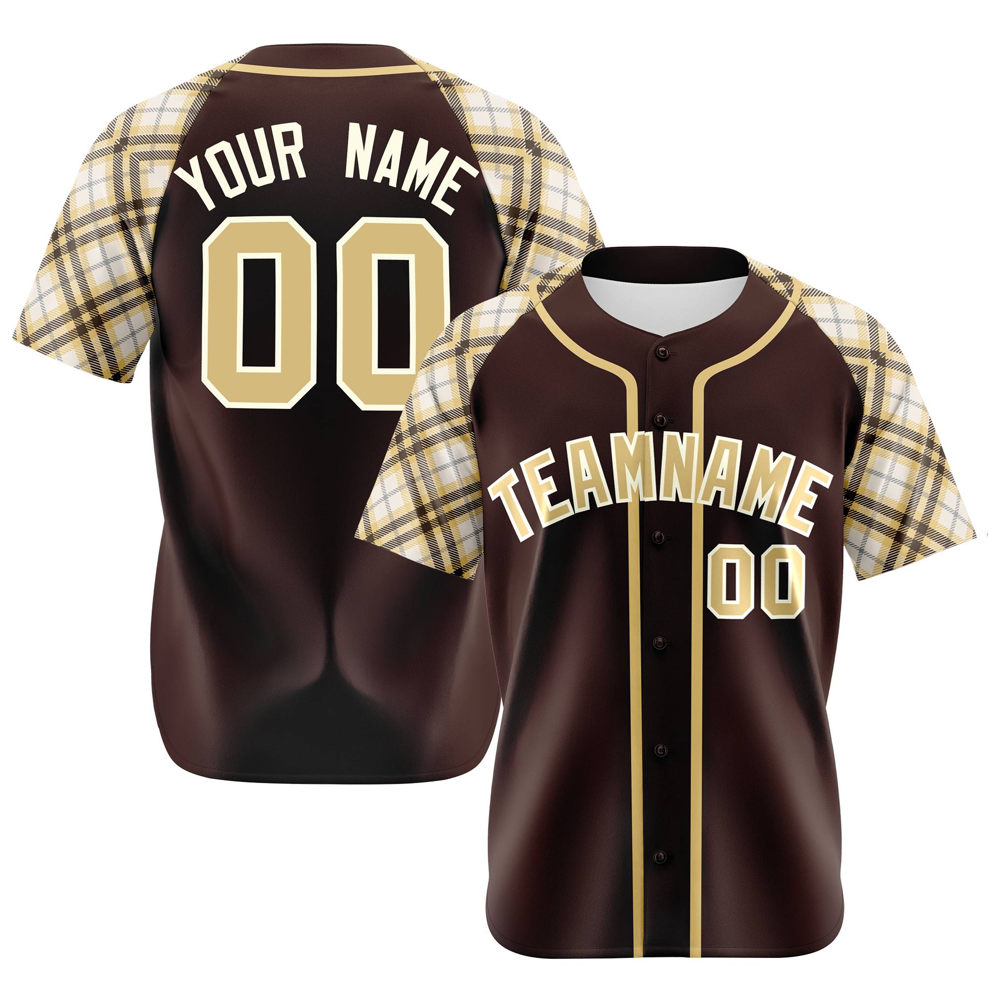 Custom Brown Old-Gold White Authentic Plaid sleeve Baseball Jersey