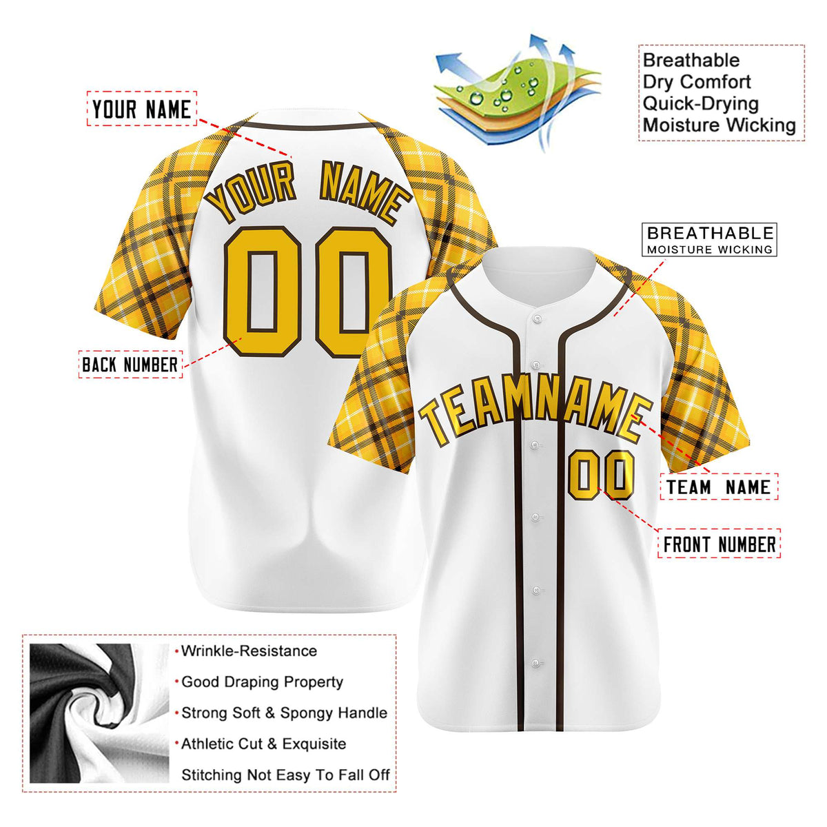 Custom White Yellow-Black Authentic Plaid sleeve Baseball Jersey