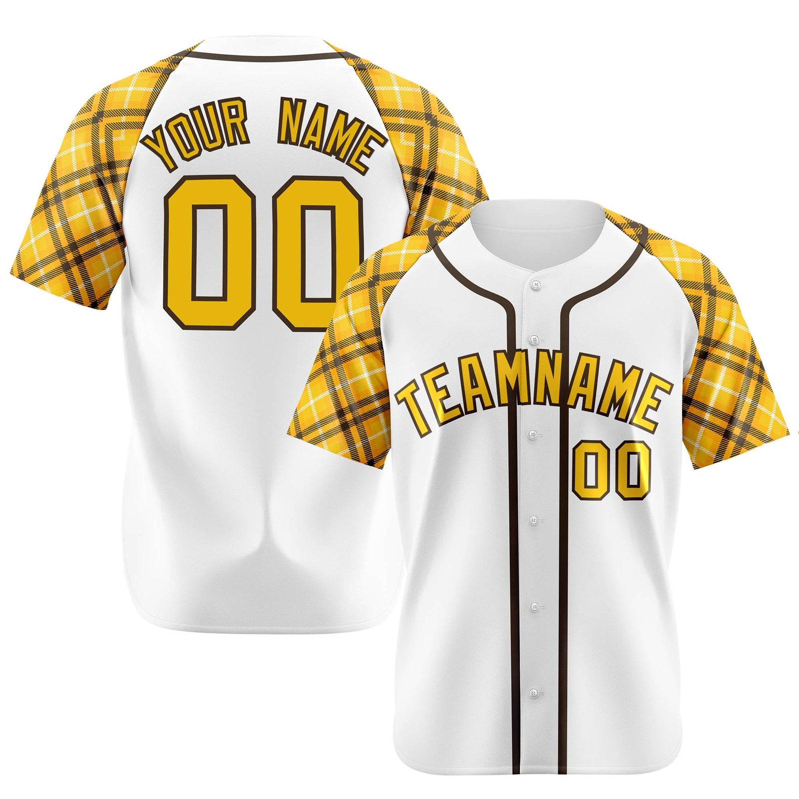 Custom White Yellow-Black Authentic Plaid sleeve Baseball Jersey