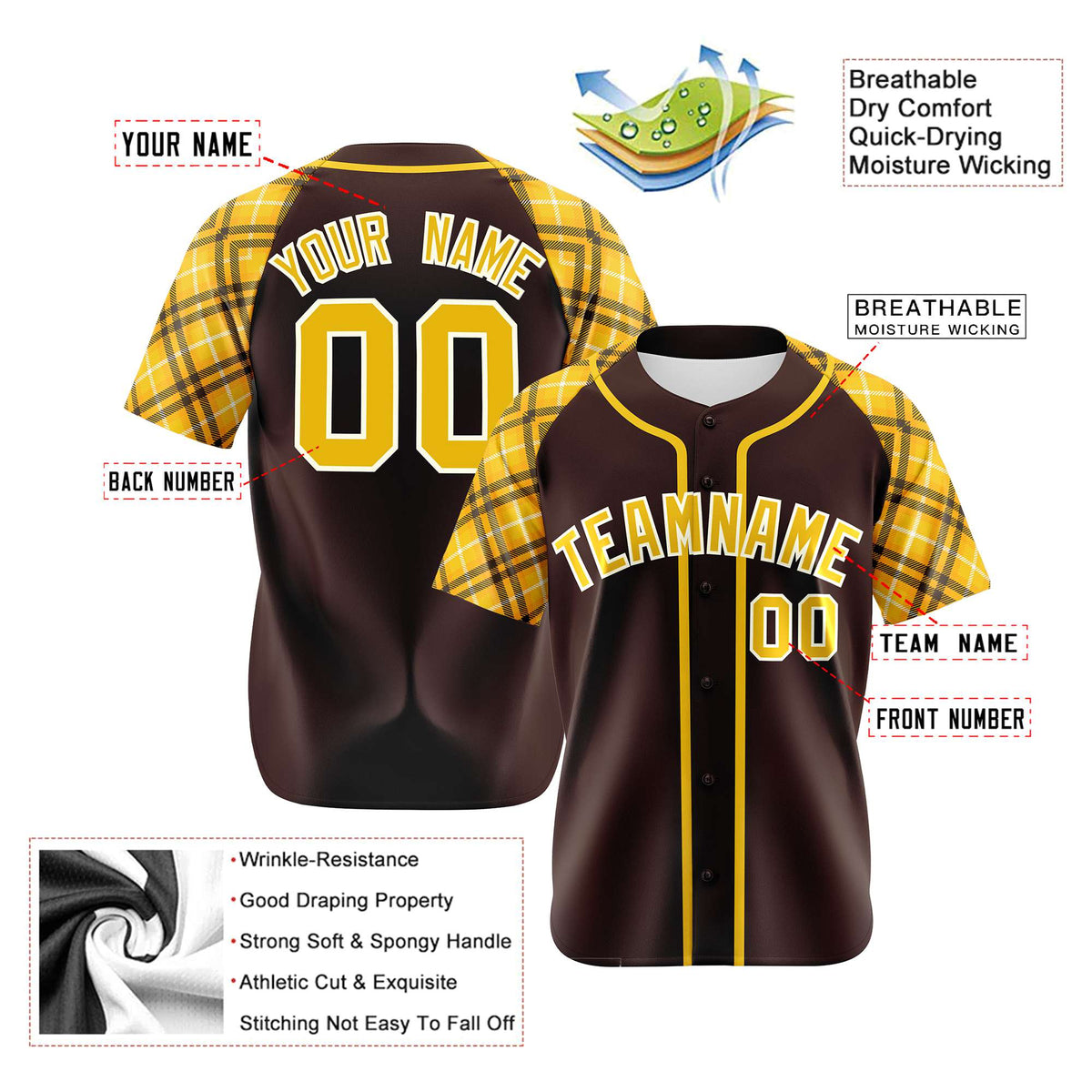 Custom Brown Yellow-White Authentic Plaid sleeve Baseball Jersey