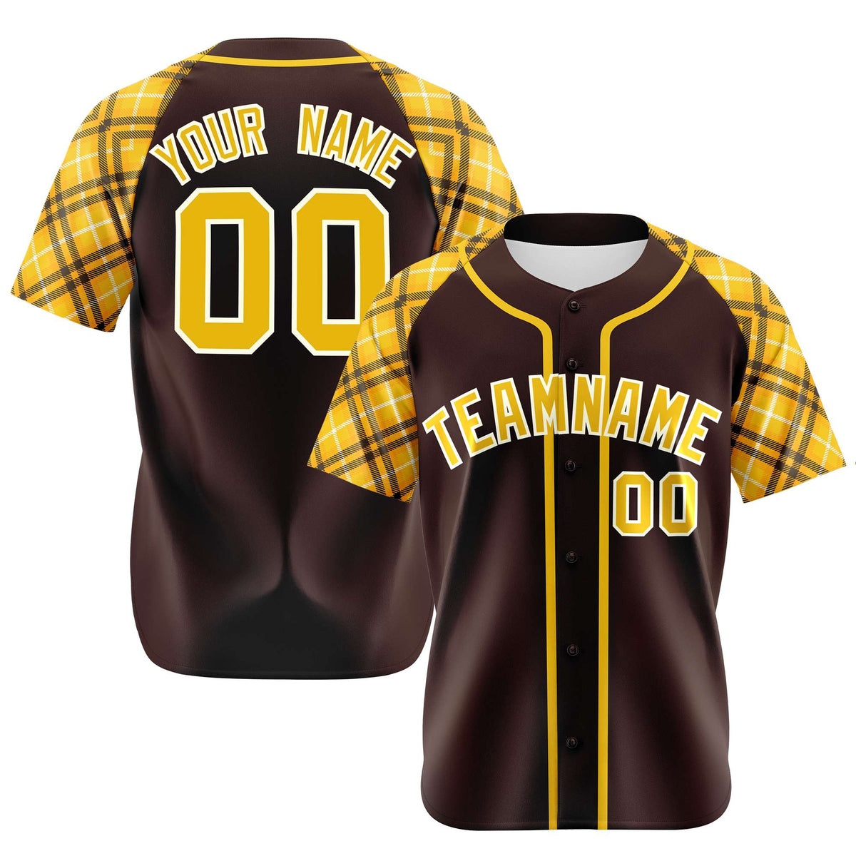 Custom Brown Yellow-White Authentic Plaid sleeve Baseball Jersey