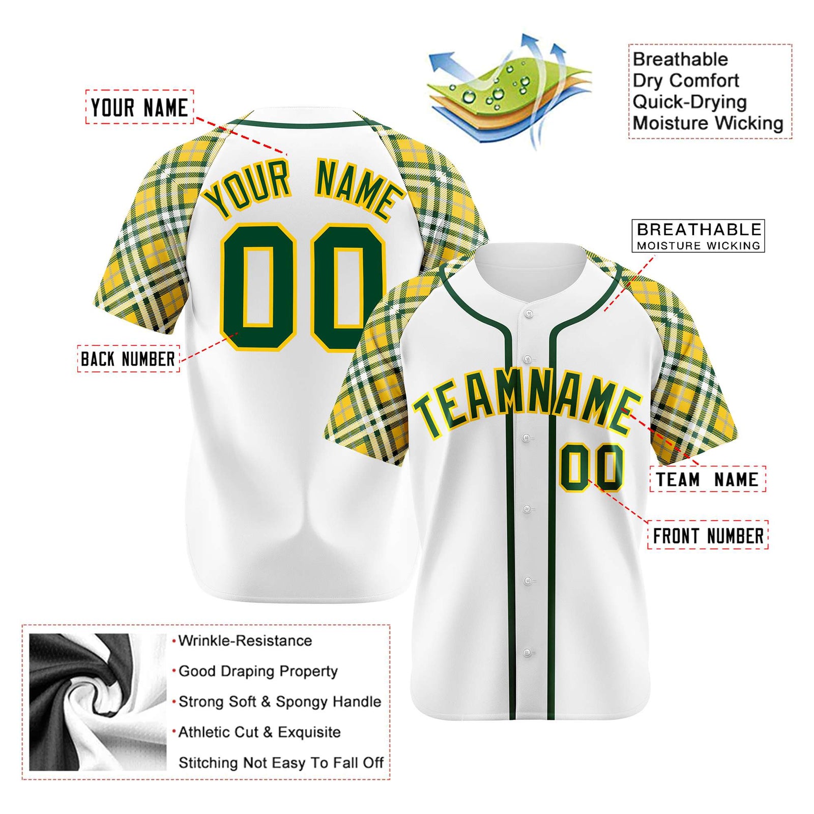 Custom White Yellow-Green Authentic Plaid sleeve Baseball Jersey