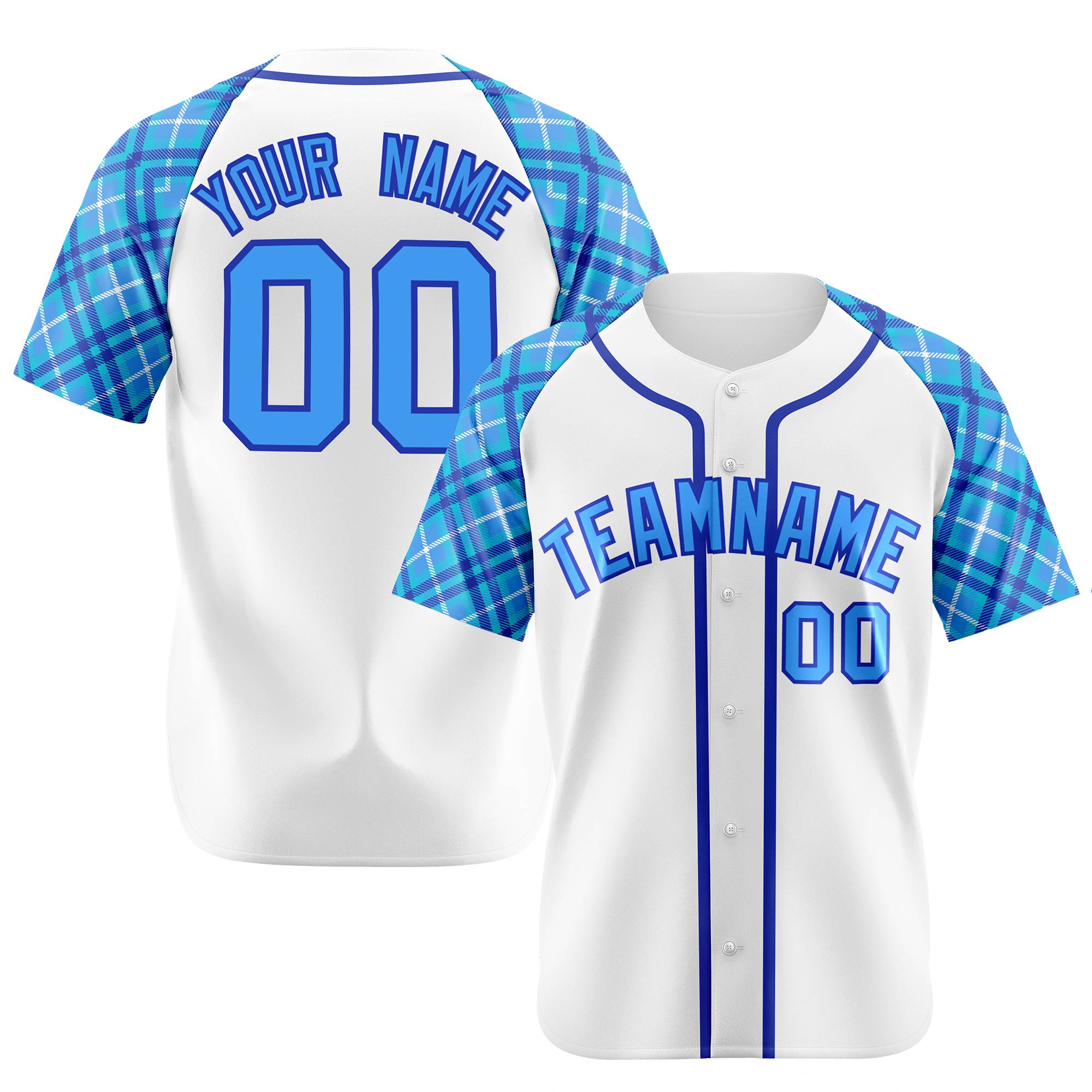 Custom White Purple-Blue Authentic Plaid sleeve Baseball Jersey