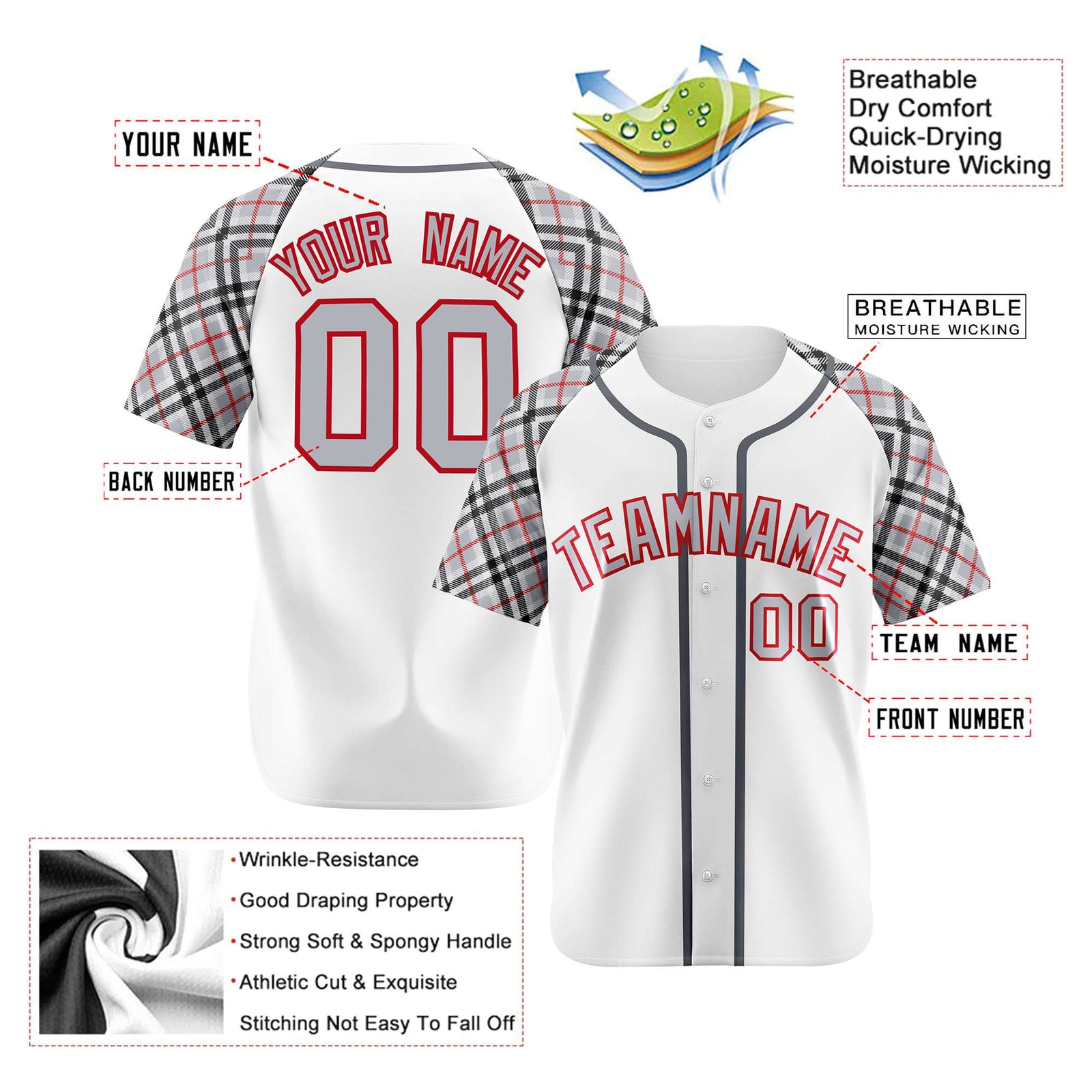 Custom White Gray-Red Black Authentic Plaid sleeve Baseball Jersey