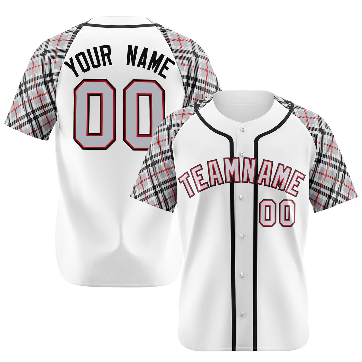 Custom White Gray-Red Black Authentic Plaid sleeve Baseball Jersey