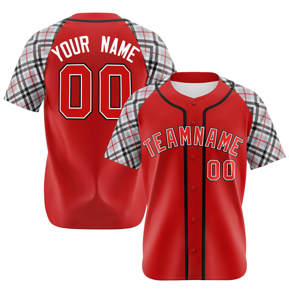 Custom Red Gray-White Black Authentic Plaid sleeve Baseball Jersey