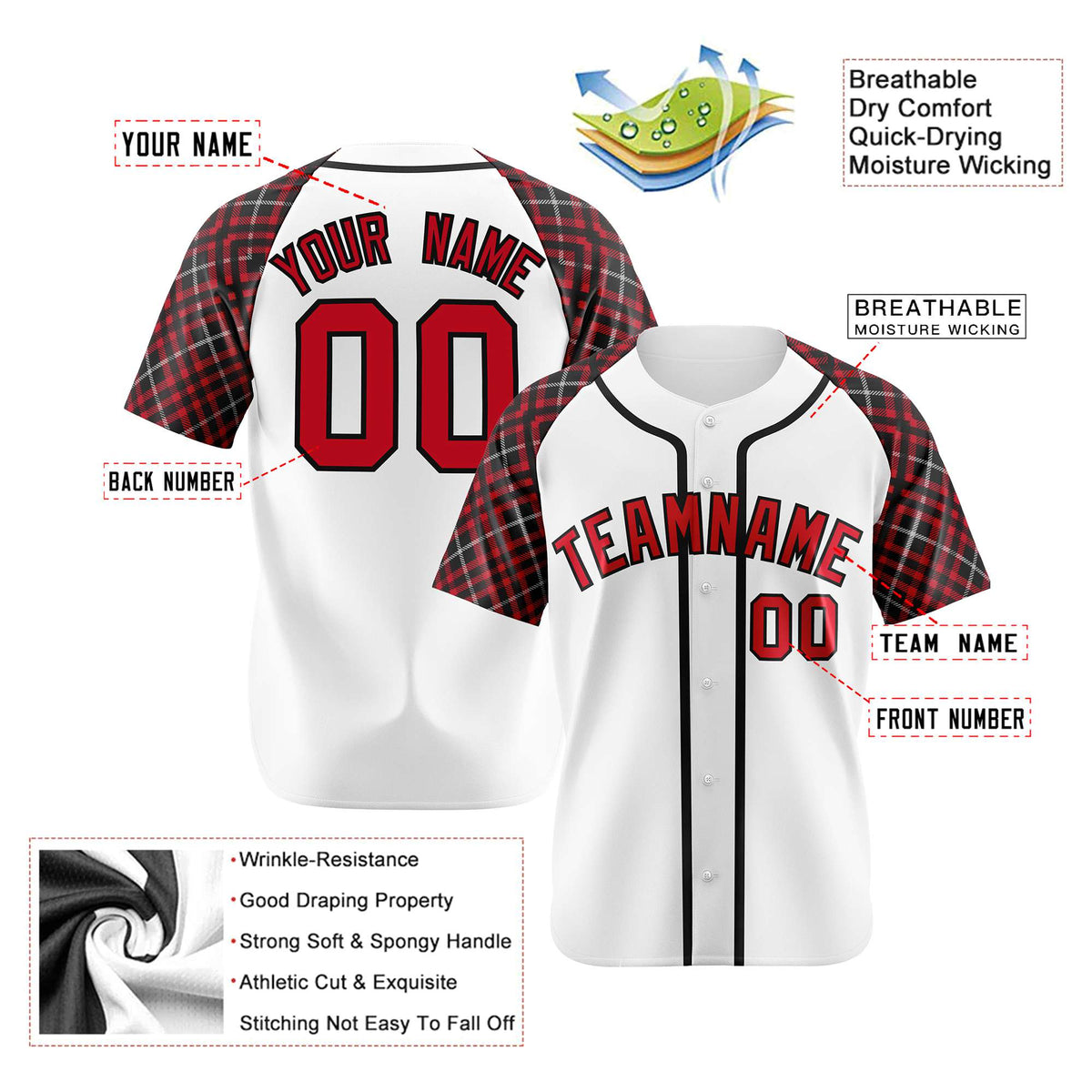 Custom White Crimson-Black Authentic Plaid sleeve Baseball Jersey