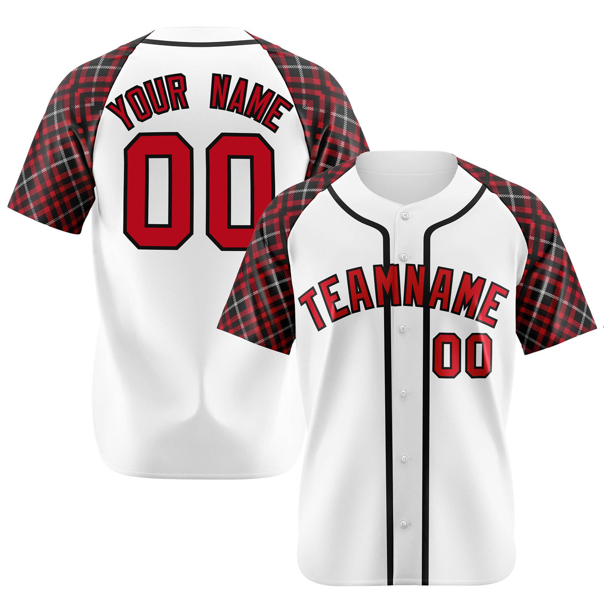 Custom White Crimson-Black Authentic Plaid sleeve Baseball Jersey