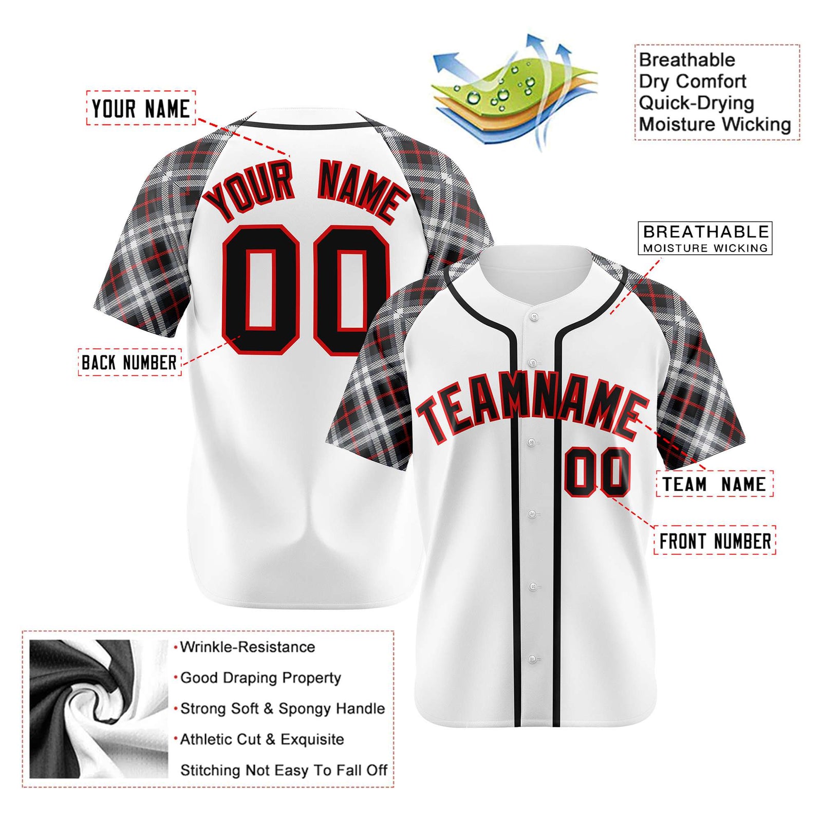 Custom White Red-Black Authentic Plaid sleeve Baseball Jersey