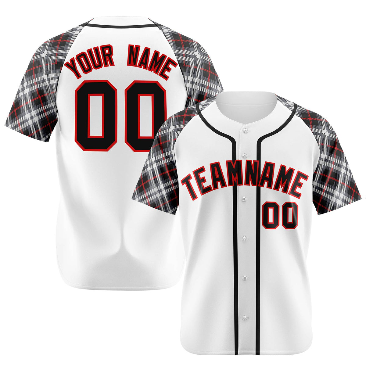 Custom White Red-Black Authentic Plaid sleeve Baseball Jersey