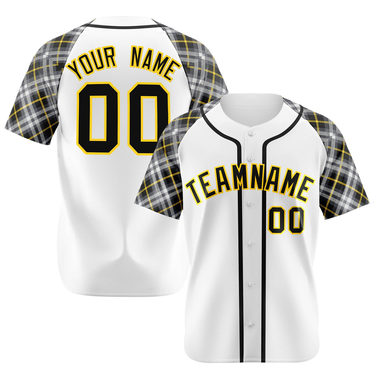 Custom White Gold-Black Authentic Plaid sleeve Baseball Jersey