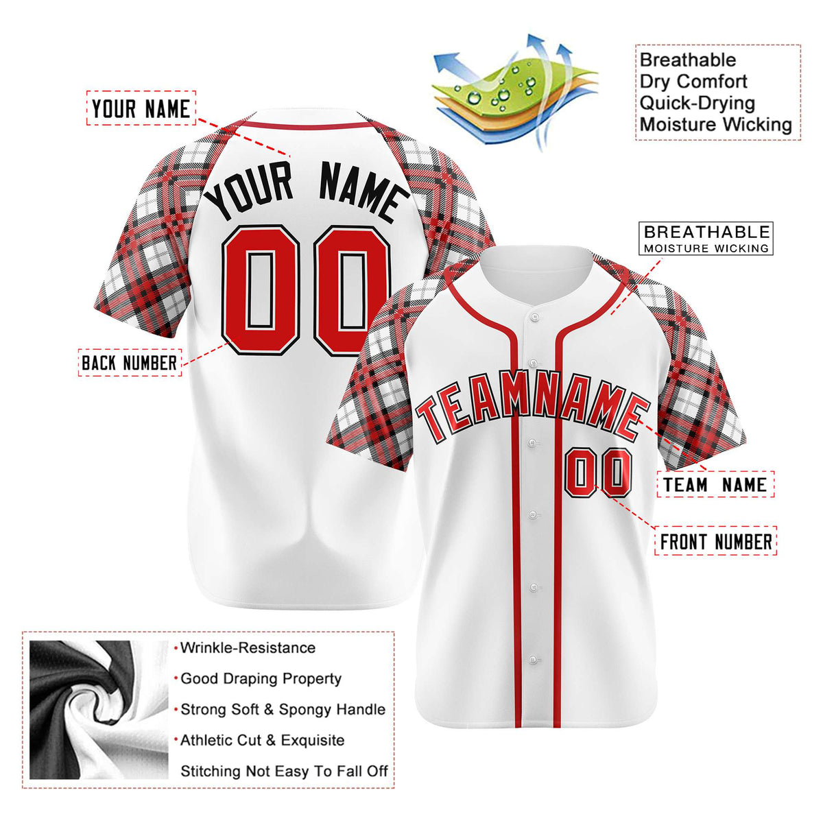 Custom White Red-Black Authentic Plaid sleeve Baseball Jersey