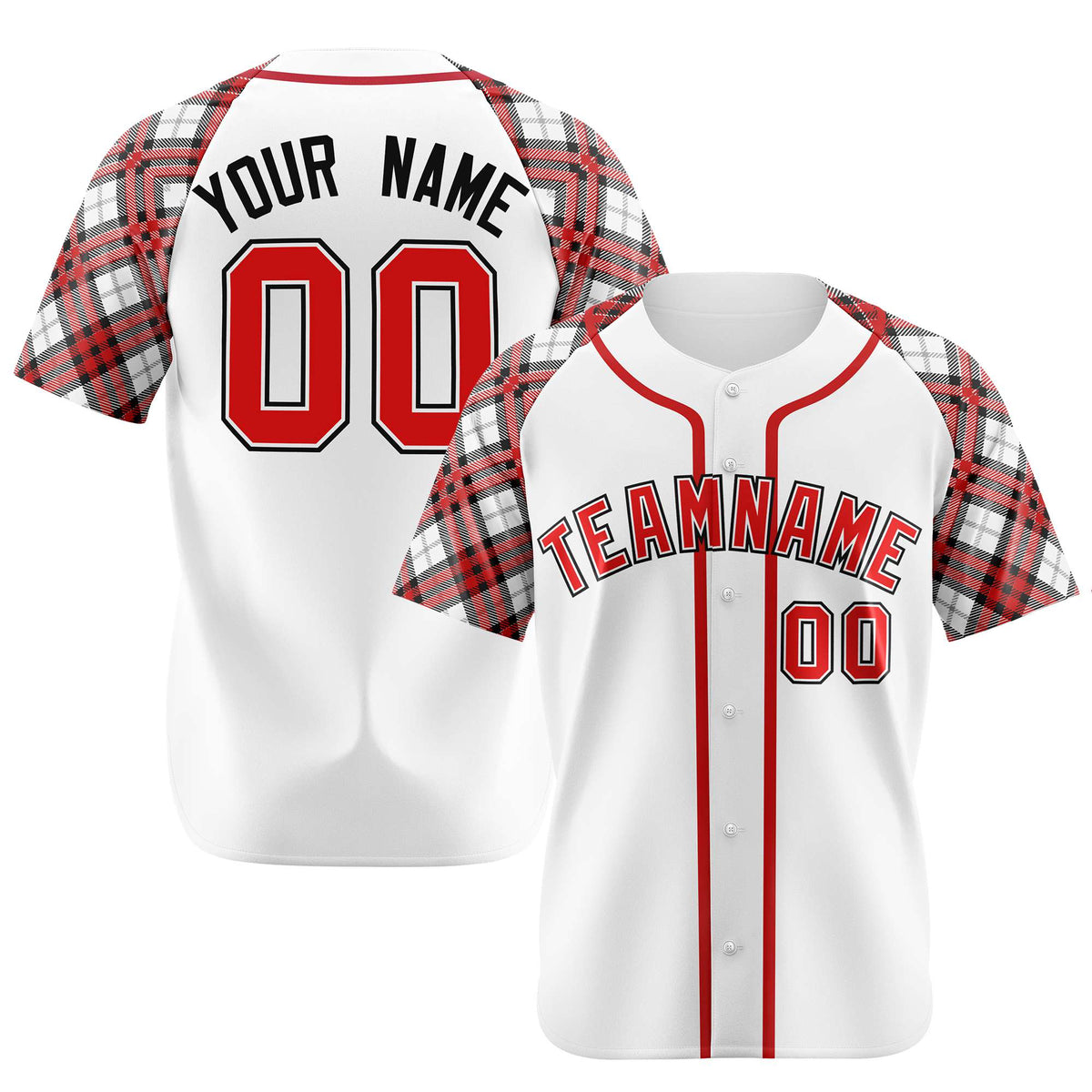 Custom White Red-Black Authentic Plaid sleeve Baseball Jersey