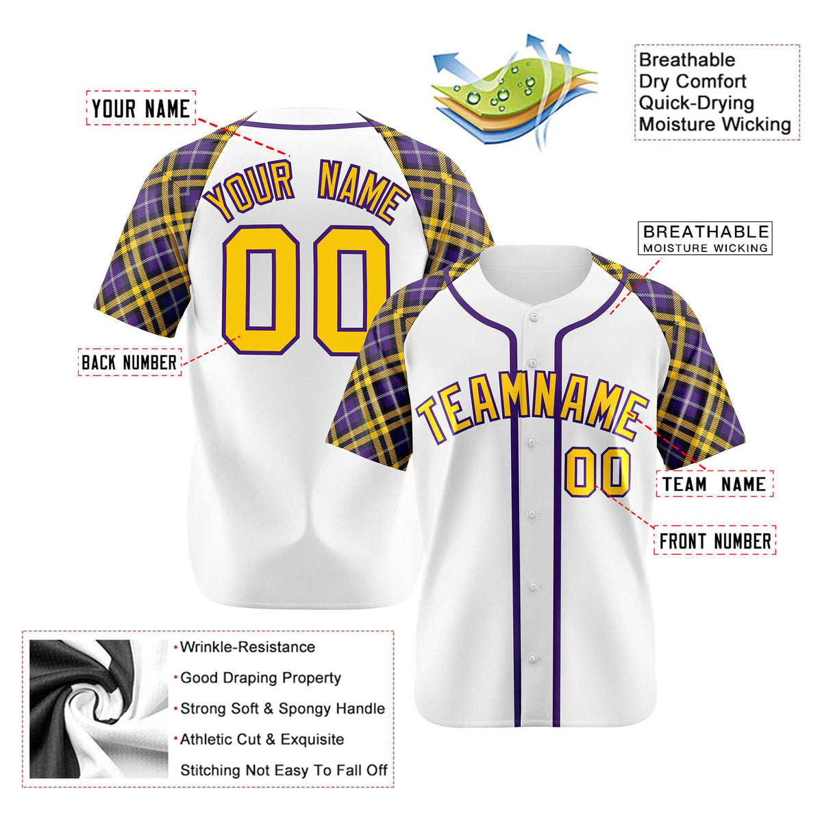 Custom White Yellow-Purple Authentic Plaid sleeve Baseball Jersey