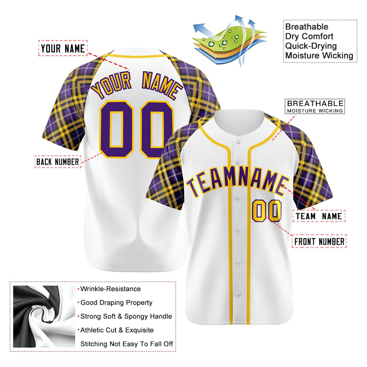 Custom White Purple-Yellow Authentic Plaid sleeve Baseball Jersey
